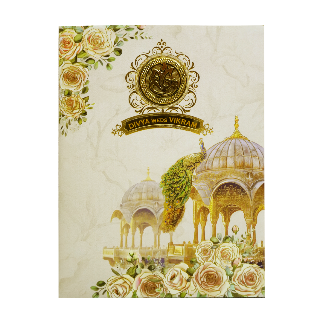 Ivory Traditional Peacock Nameplate Invitation Card-KNTY6802