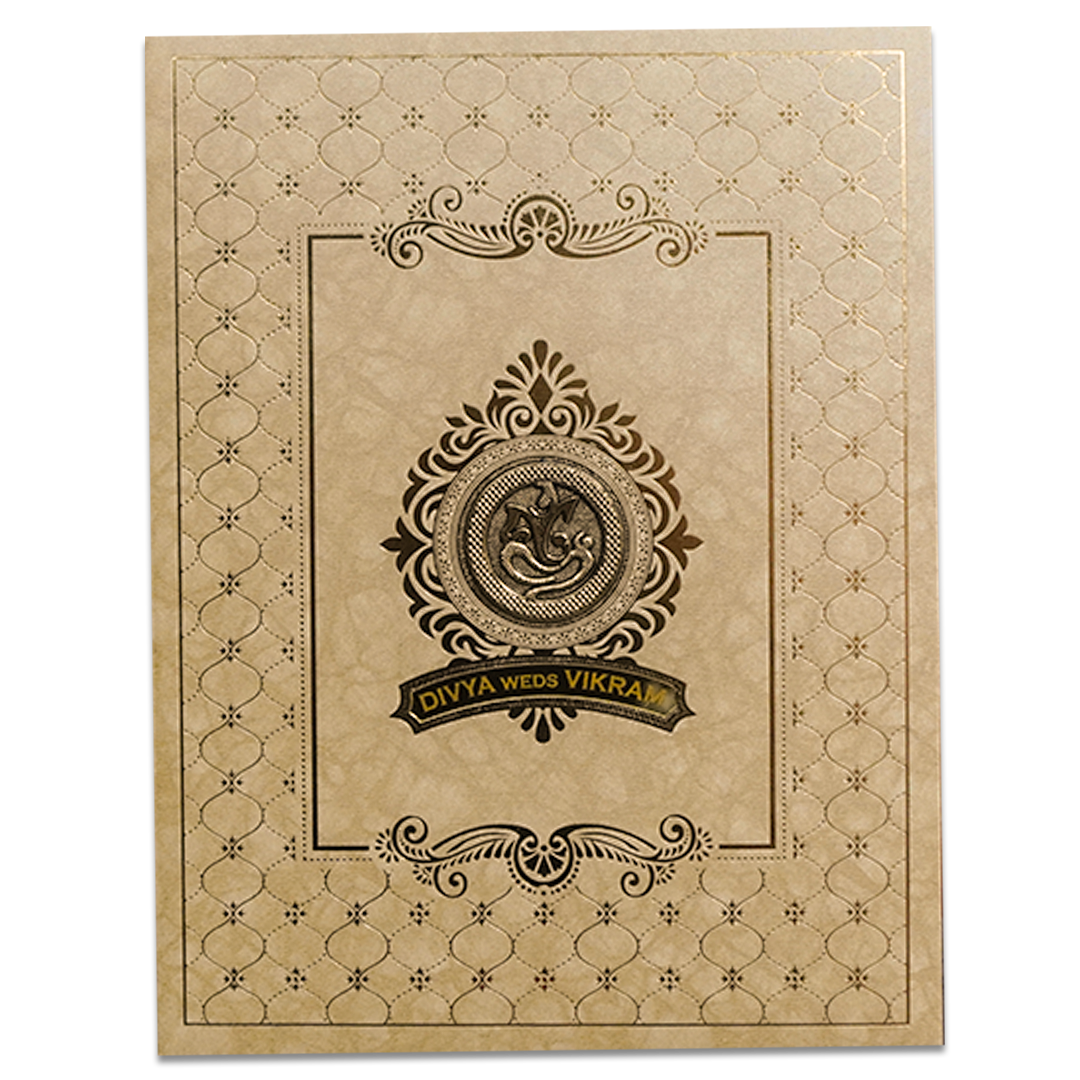 Cream Gold Ganesha Personalized Wedding Card-KNKR5033B