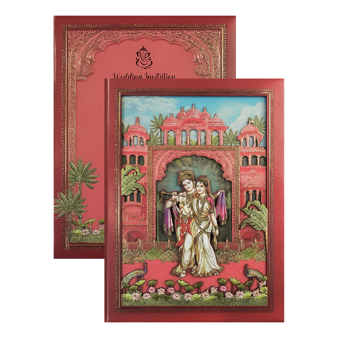 Peach Radha Krishna Palace Padded Wedding Card-KSI64020
