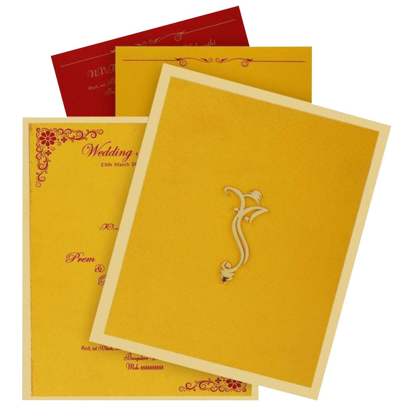 Plain Yellow Shading Ganesha Padded Wedding Card - KNK1584