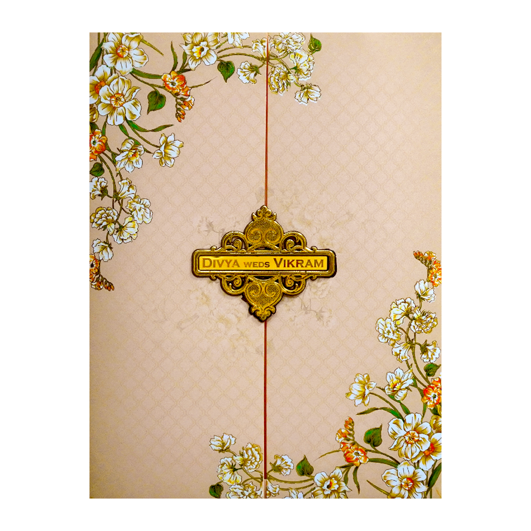 Cream Door Floral Nameplate Wedding Card-KNKJ1145