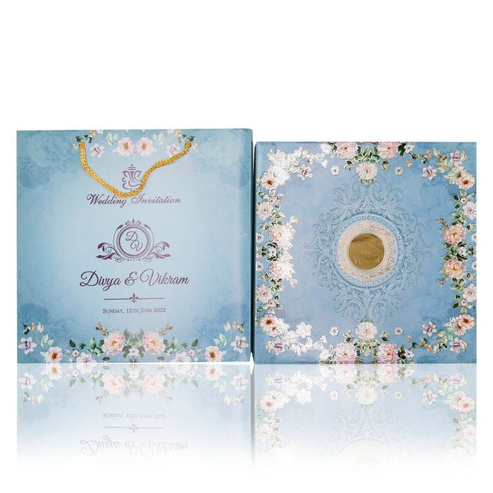 Blue floral sweet box invitation card-King of Cards