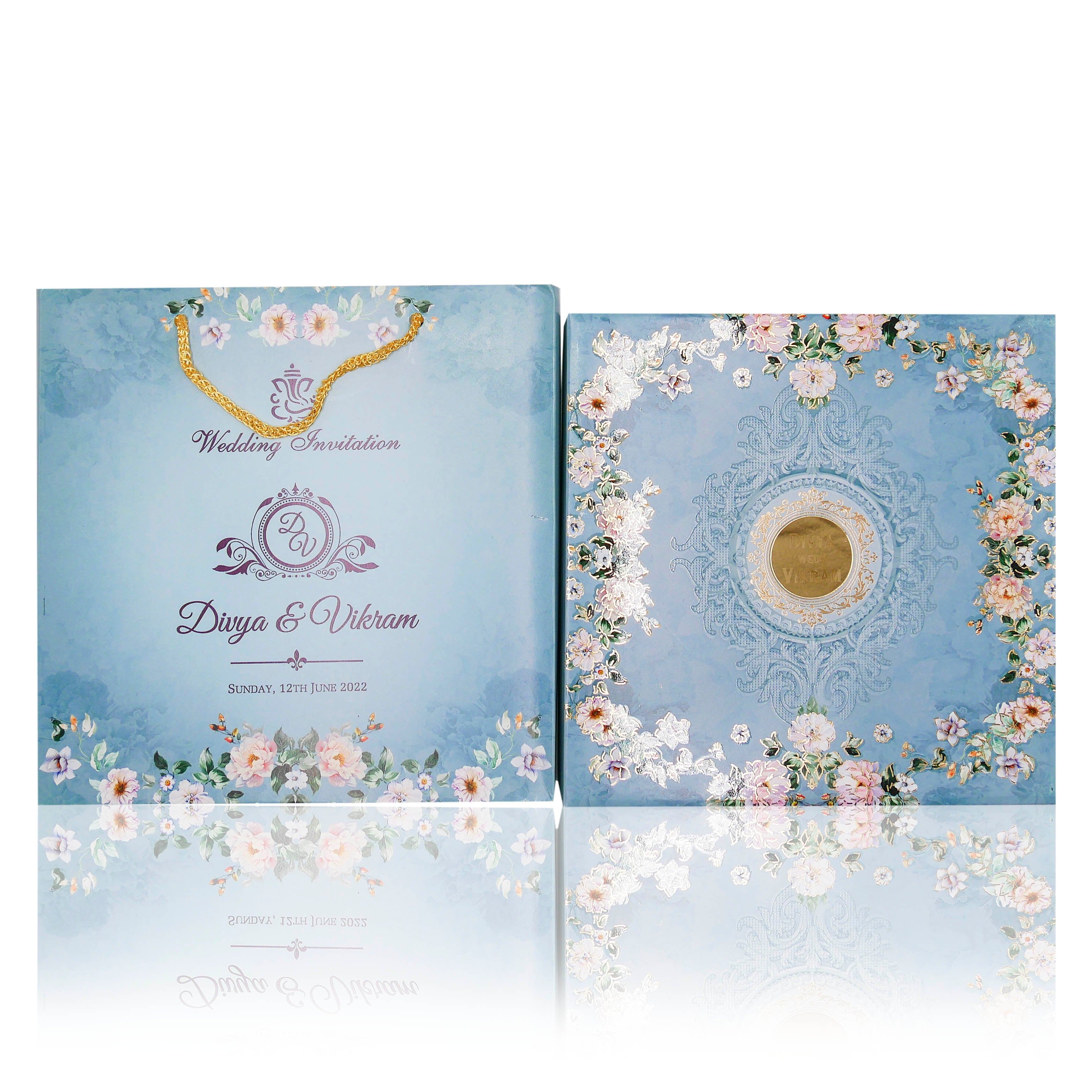 Blue floral sweet box invitation card-KNK8901B