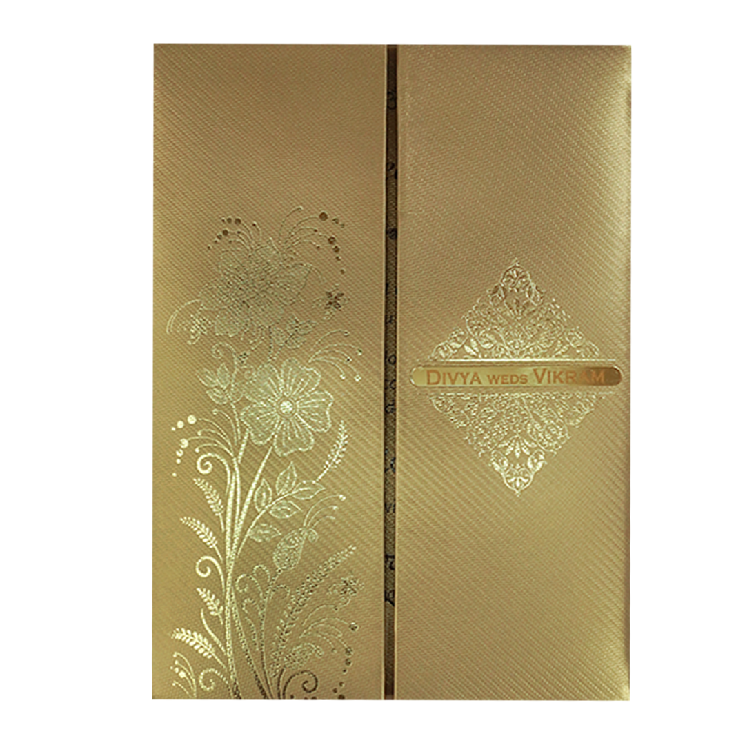 Gold Door-Style Embossed Floral Padded Wedding Card - KNPM9513G