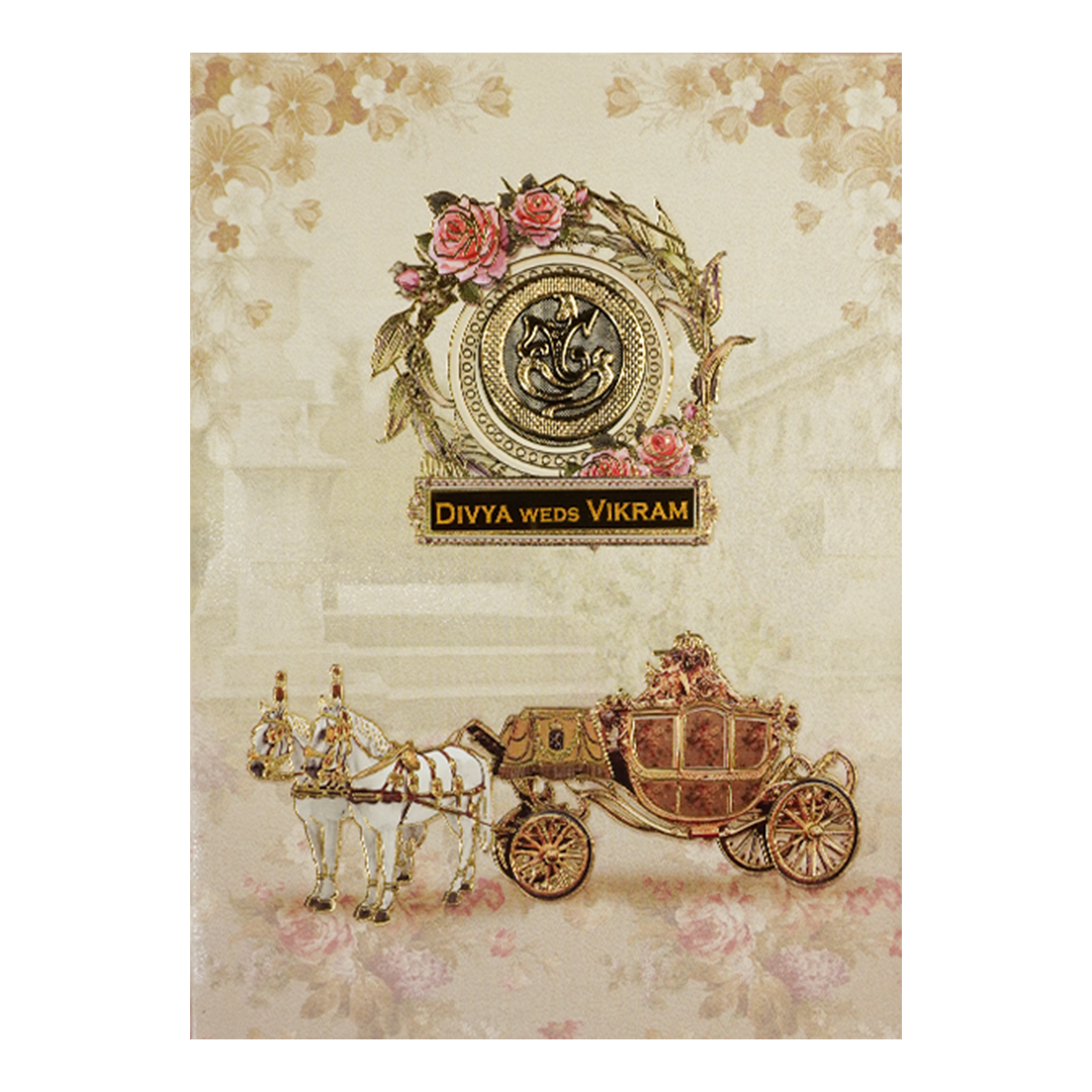 Beige Ganesha Floral Padded Cart Wedding Card - KNPO9535C