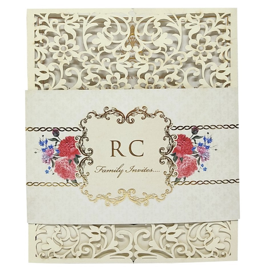 Cream Trending Laser Cut Wedding Card With Floral Touch-KNKYP001