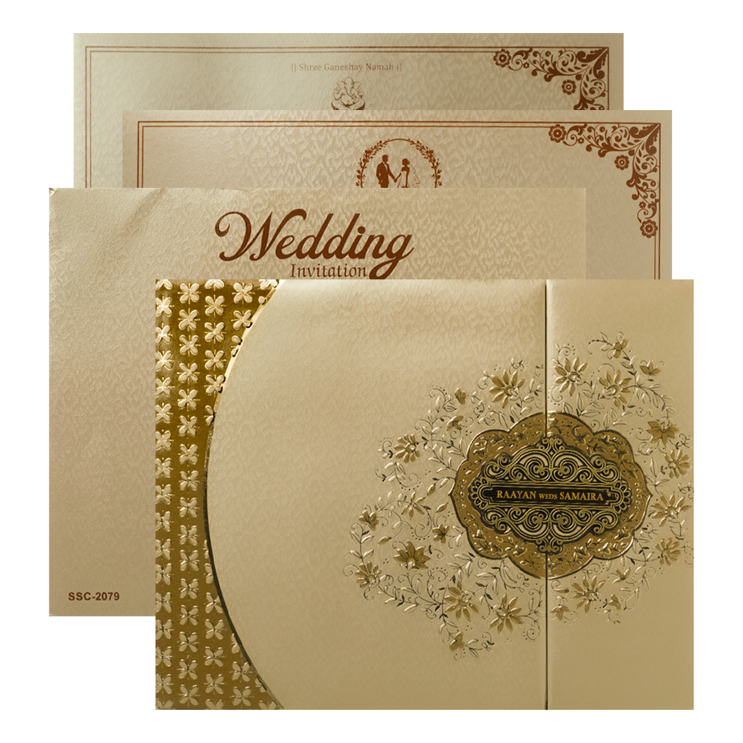 Check out Gold Floral Ornate Padded Wedding Card at best price. ✅WhatsApp Support ✅Express Delivery.|King of cards.