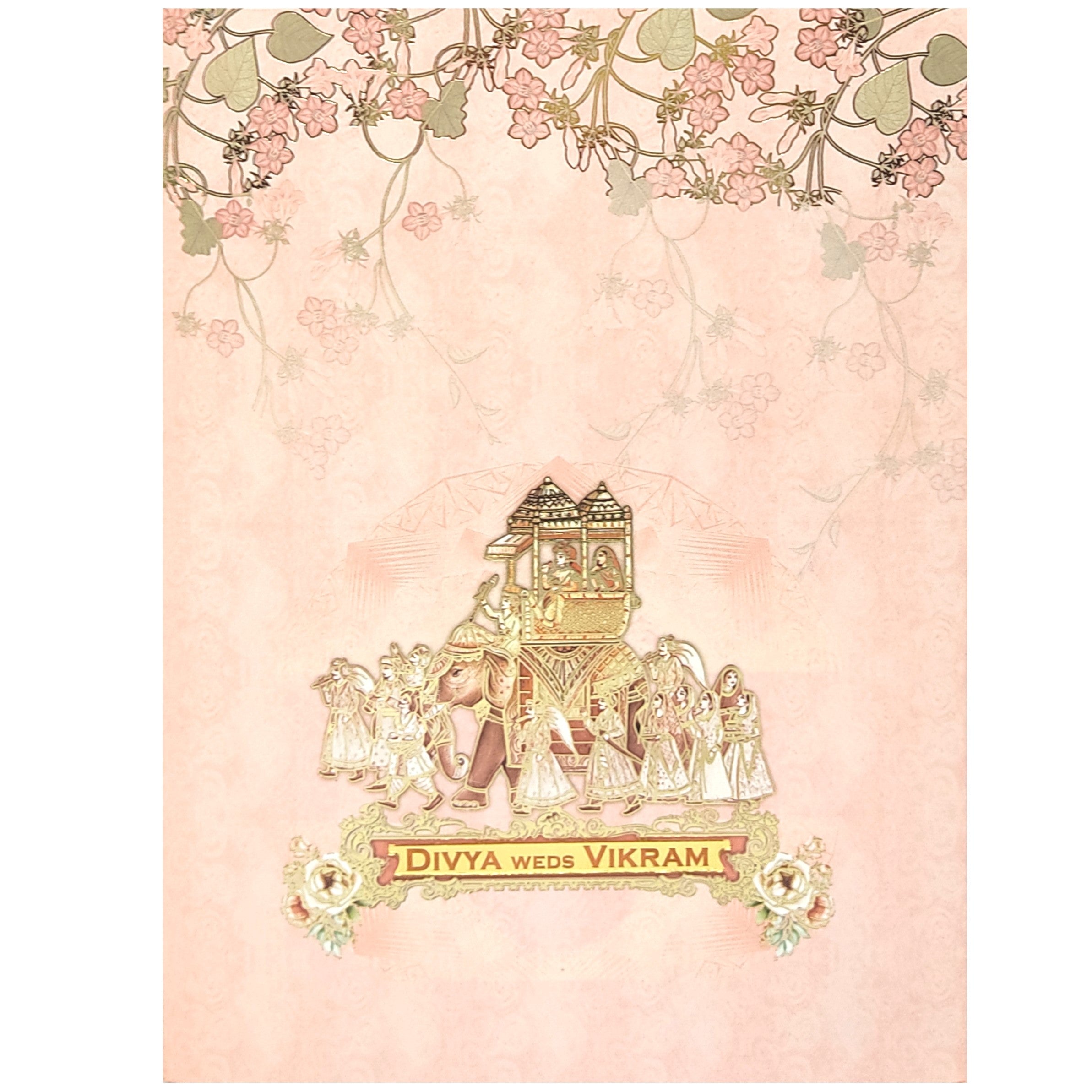 Pink Classic Floral Design With Elephant and Bride Groom Card-KNKC4054