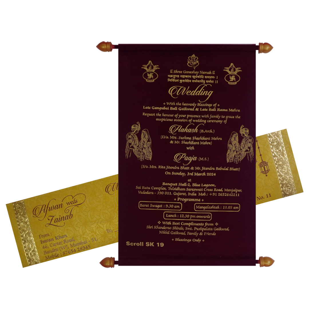 Make your event special with our exclusive Dark Maroon Scroll Invitation Order now! ?WhatsApp Support ?Express Delivery.