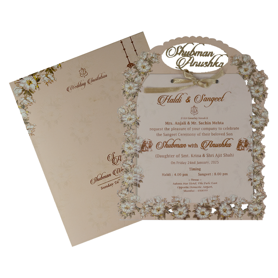 Cream Floral Laser Cut MDF Invitation Card-KRB08110