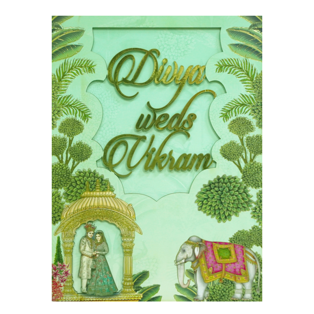 Green Laser-Cut Bride & Groom Wedding Card-KNOR5201