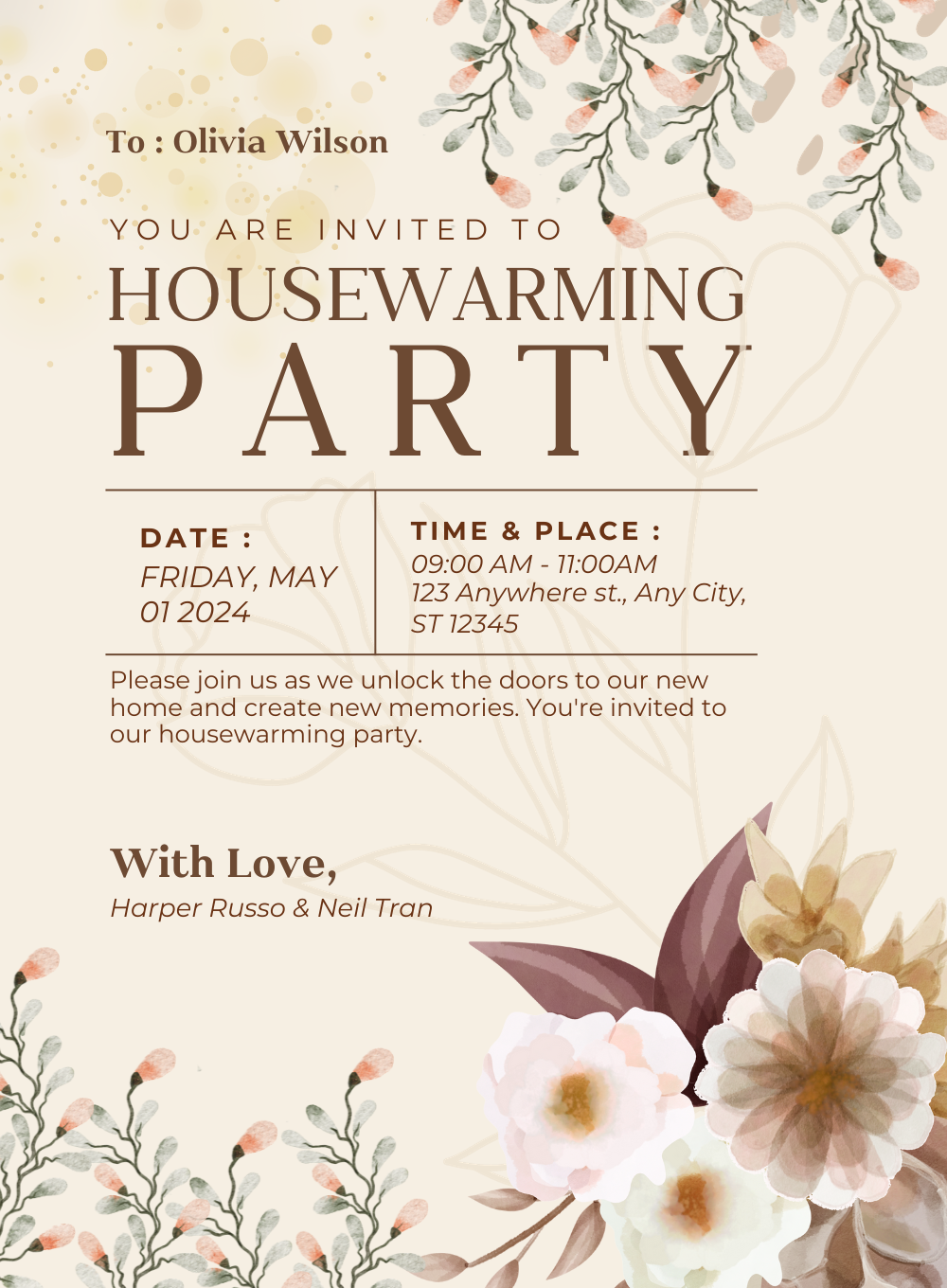 Cream and Brown Floral Housewarming Party E-Invitation-King of Cards