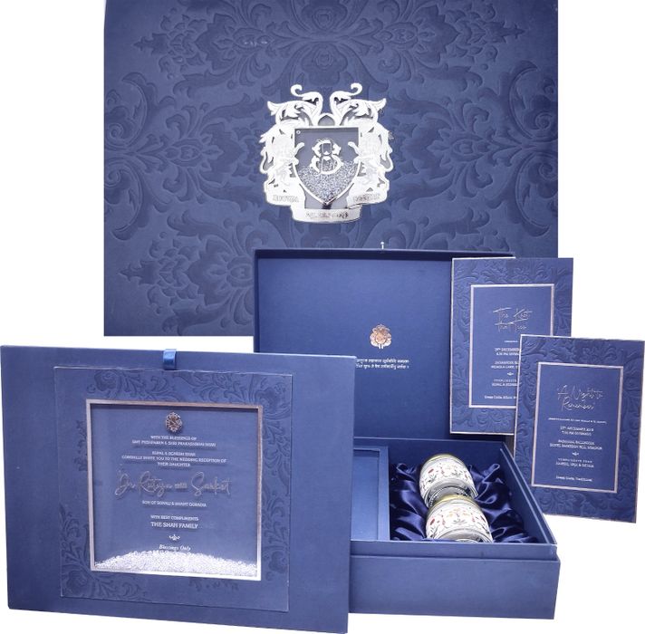 Navy blue crystal premium wedding box card-KNKUP026