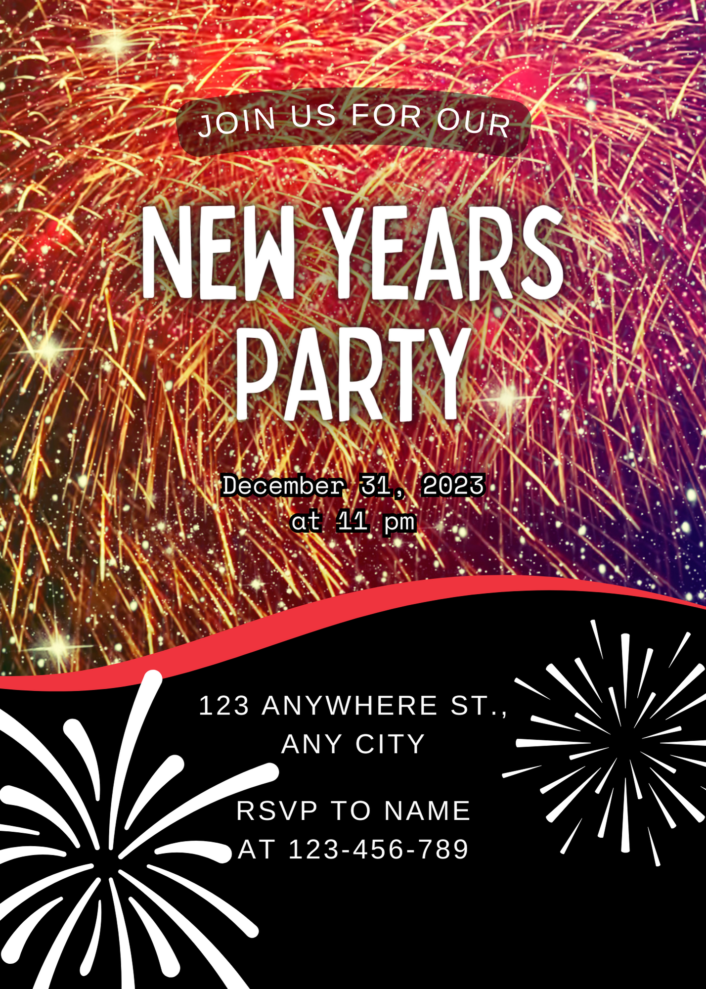 Gold Fireworks New Year Party Invitation-AANYI003