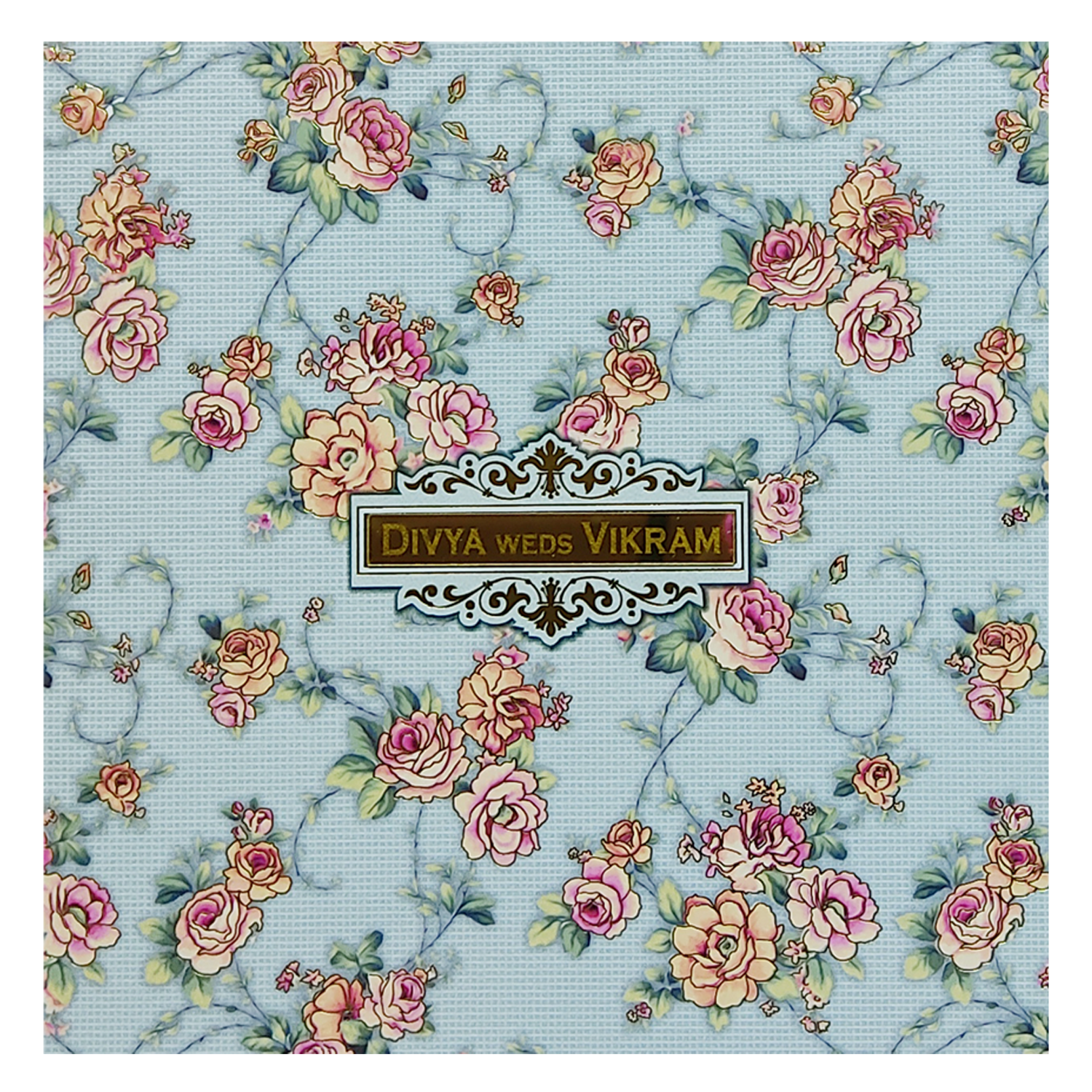 Ash Blue Floral Nameplate Wedding Card-KNKD8108