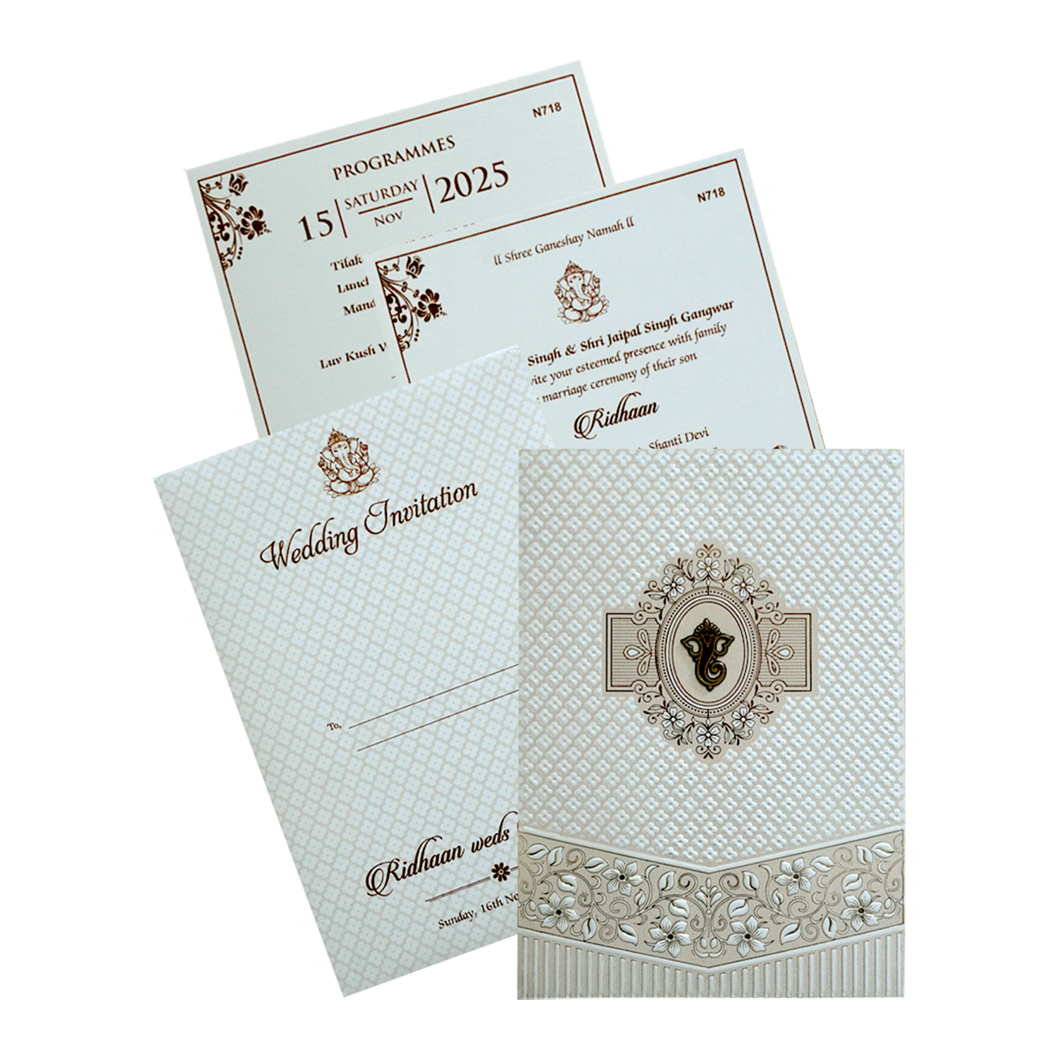 White Quilted Floral Ganesh Wedding Card - KVN07180
