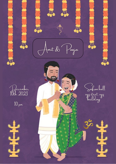 Violet Caricature Marathi Wedding Invitation-King of Cards