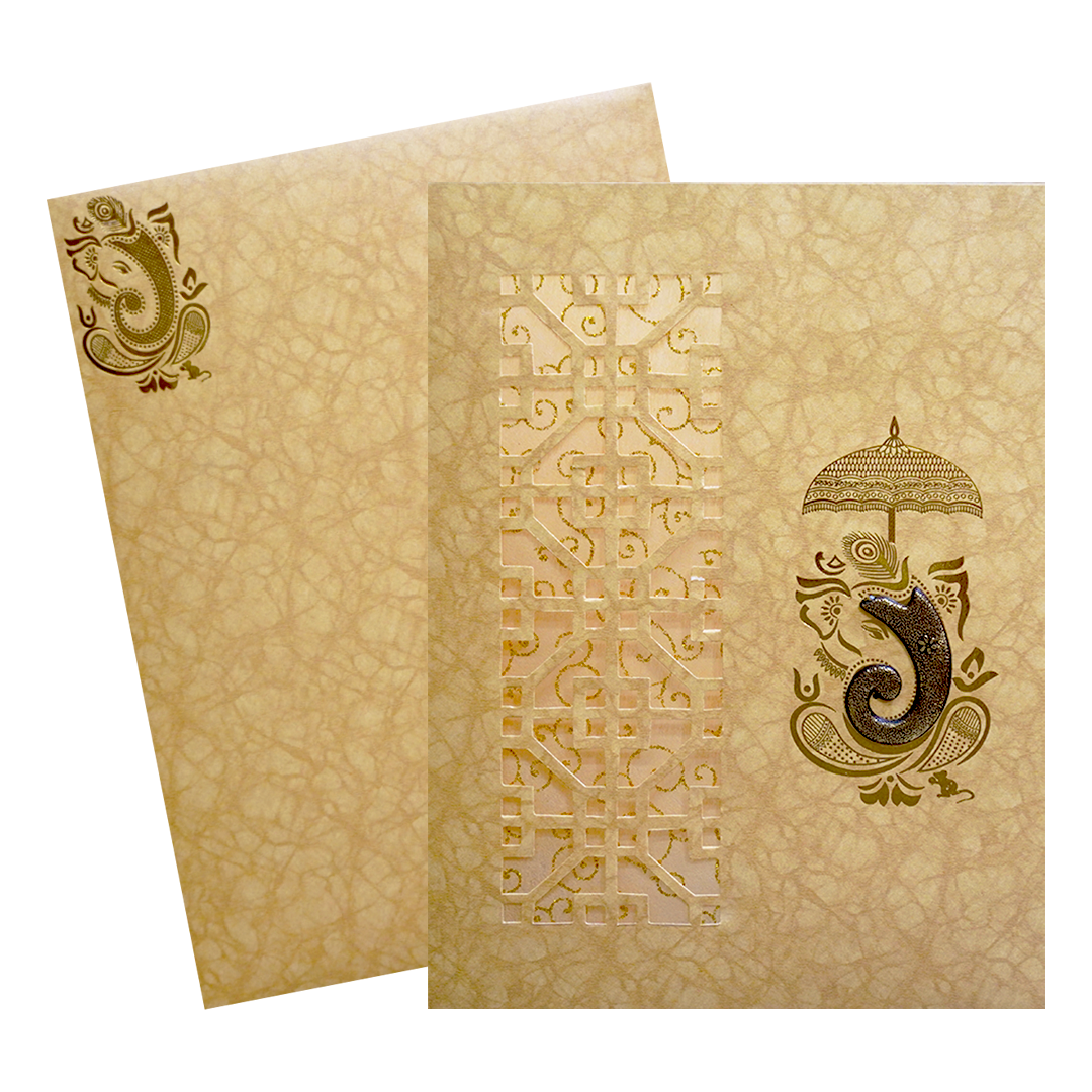 Golden Ganesha Laser-cut Wedding Card-KNKR5019B