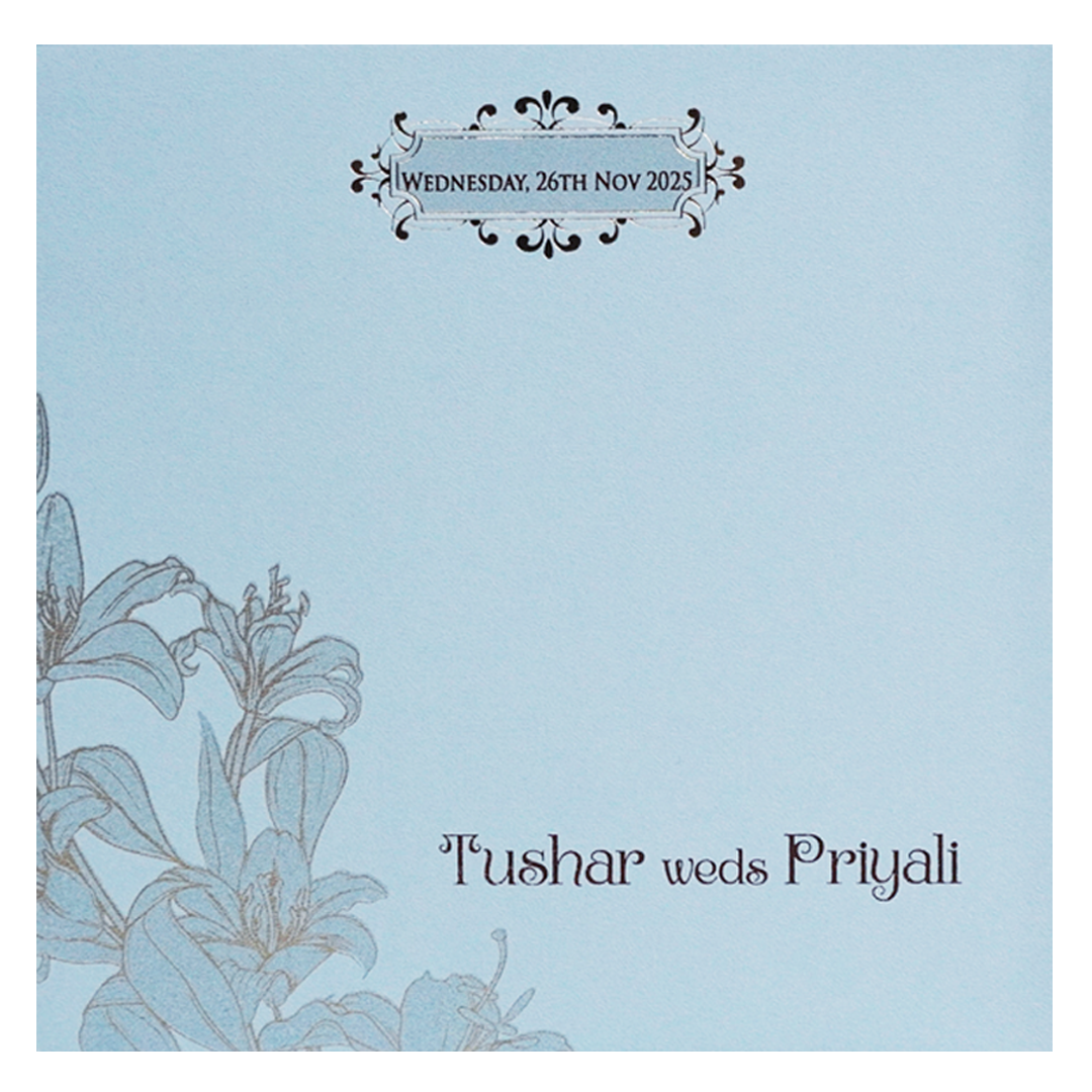 Light Blue Floral Nameplate Wedding Card Design-KPR05380