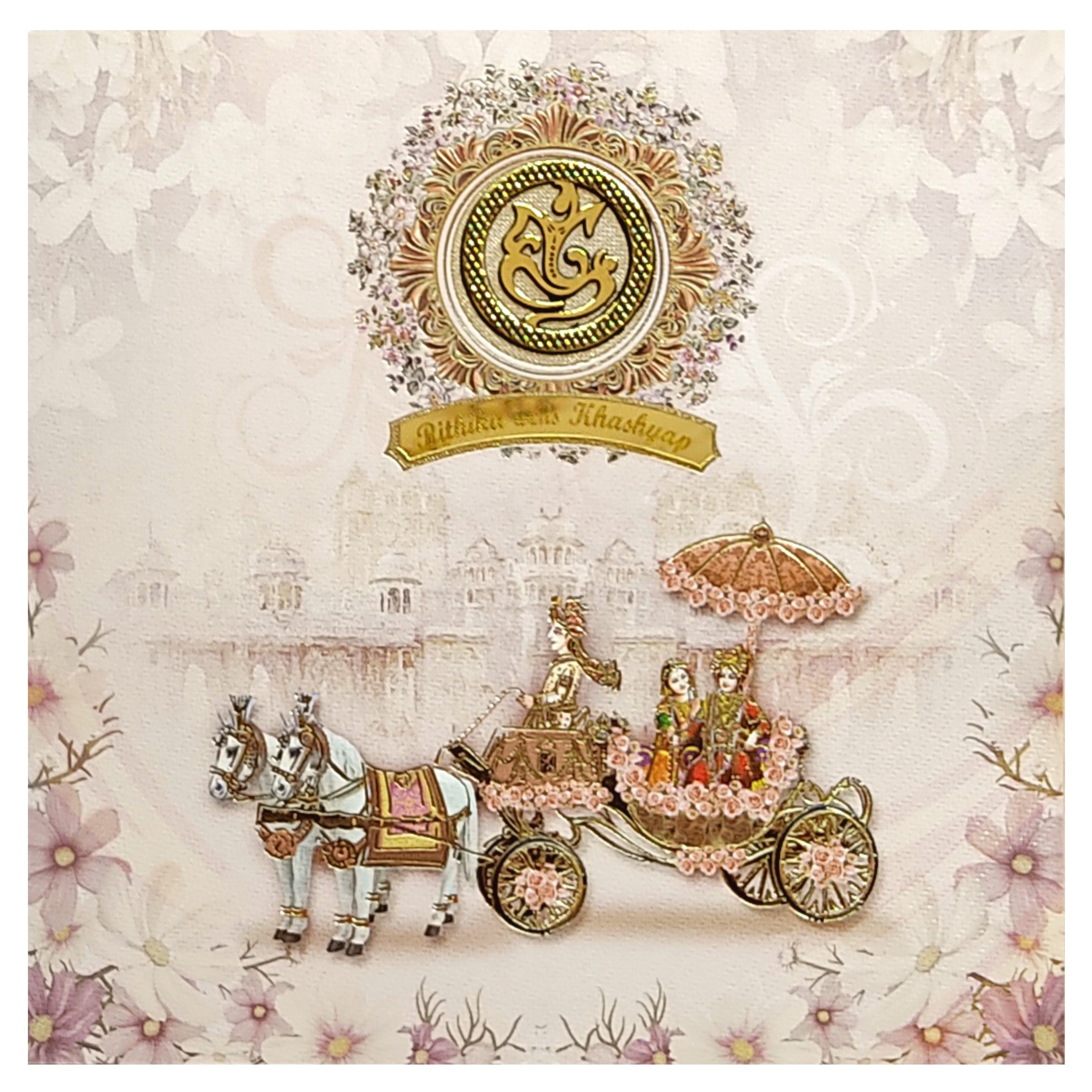 Pink Floral Chariot Nameplate Wedding Card-KNKD8101