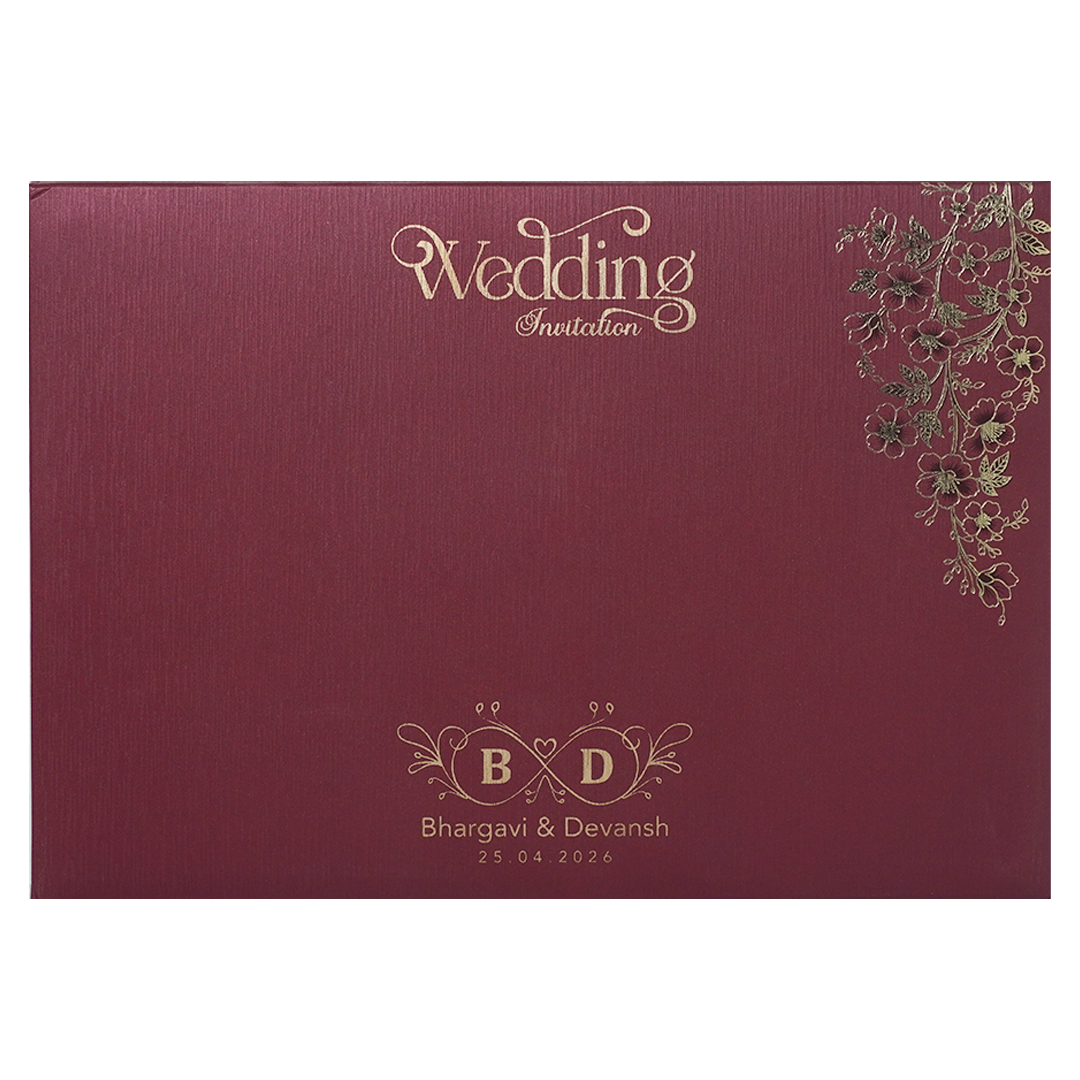Maroon Gold Floral Padded Wedding Card-KSSC2140