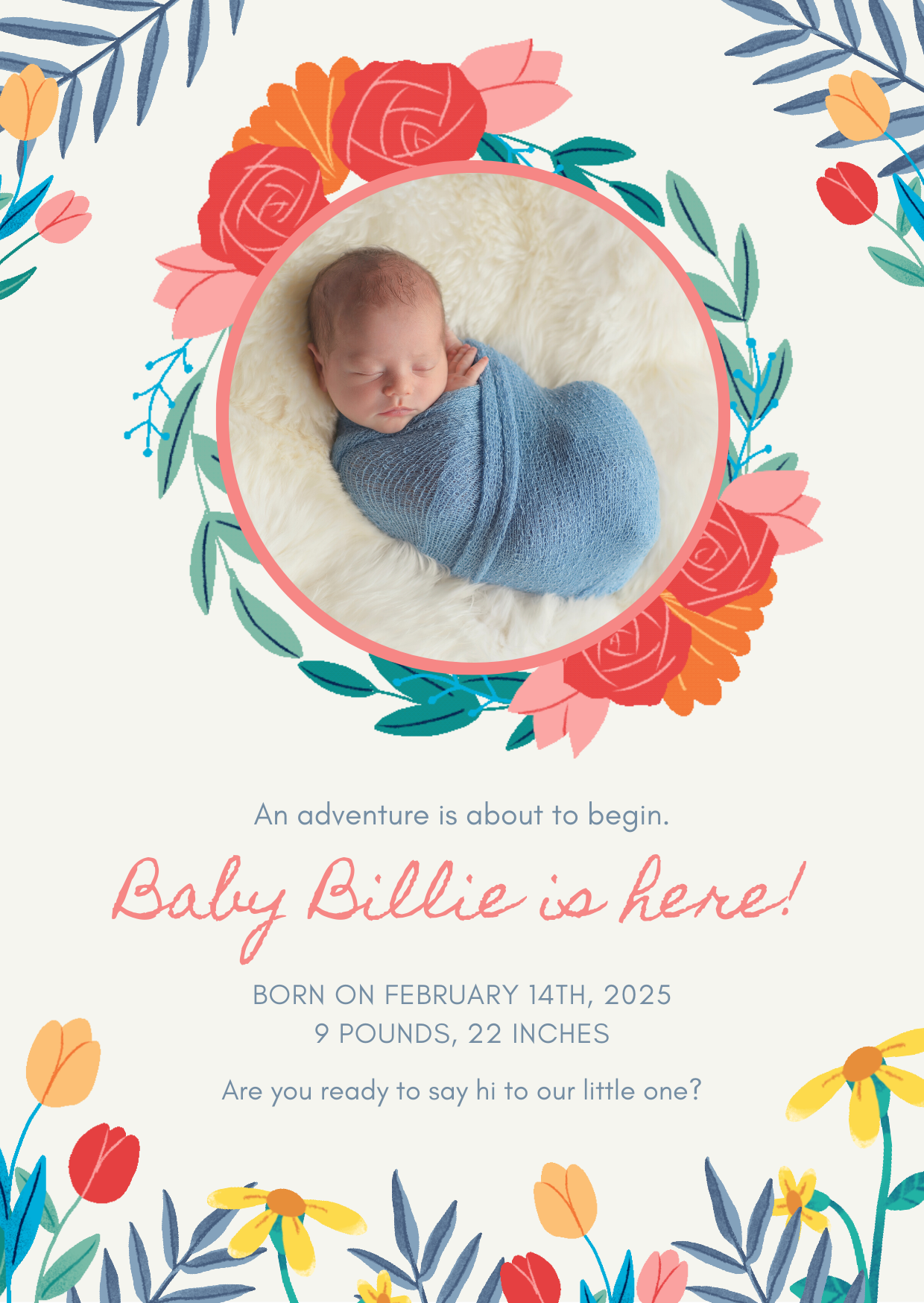 Blue Floral Baby Birth Announcement Invitation-AABBA006