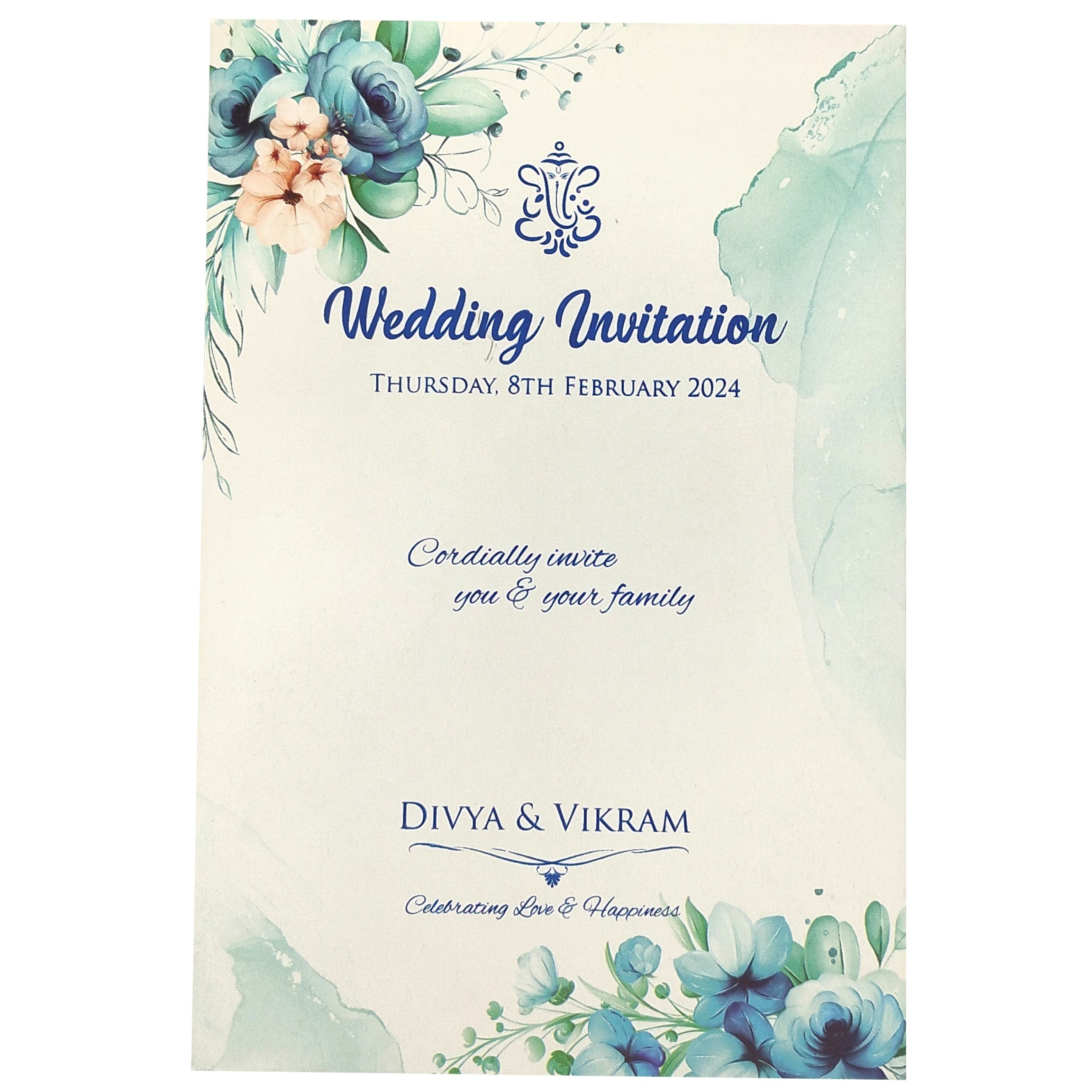 Blue Floral Single Sheet Invitation Card-KNS0351B