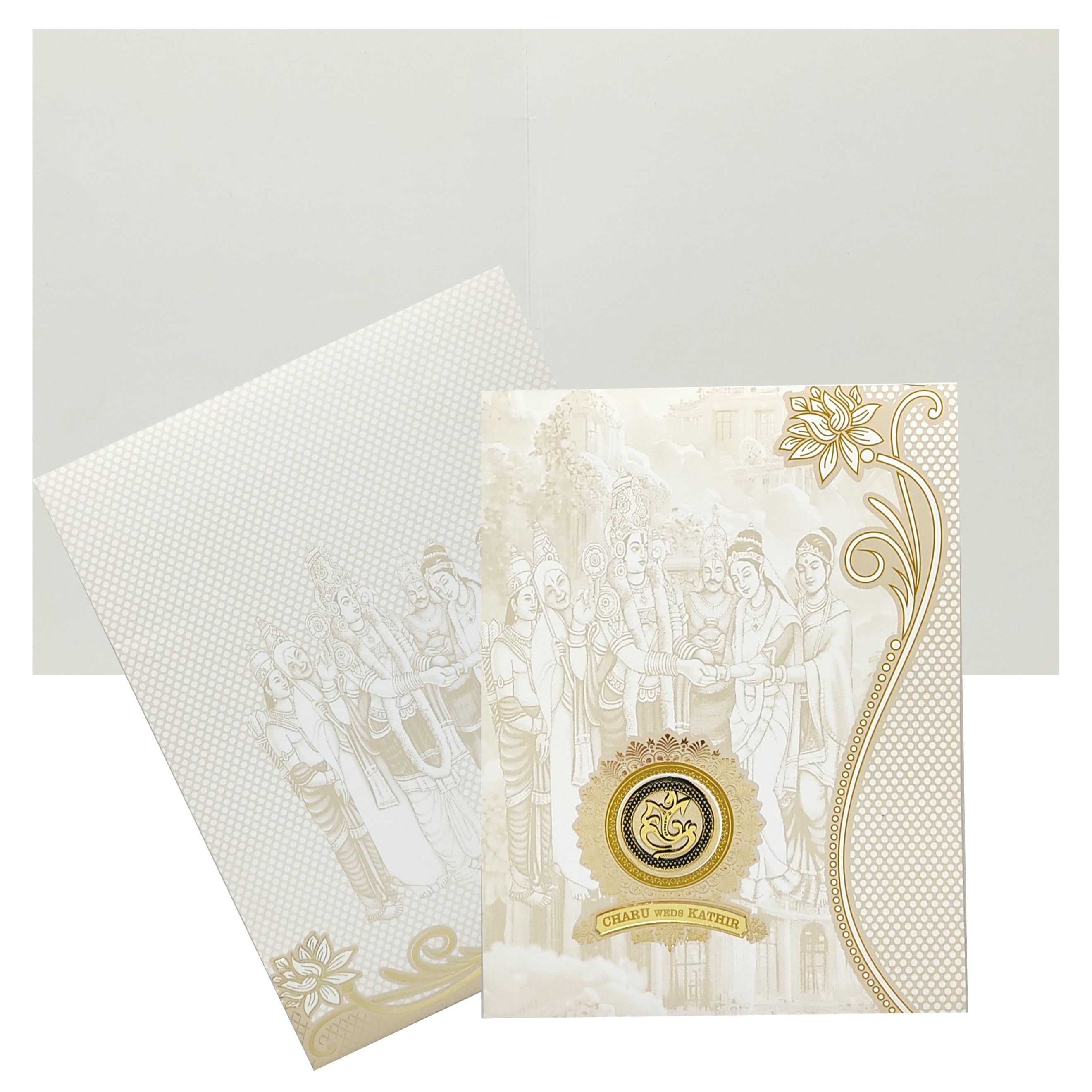 Selling White jumbo envelope with ganesha sticker and nameplate invitation card online. Buying invitation cards made easy with King of Cards! &