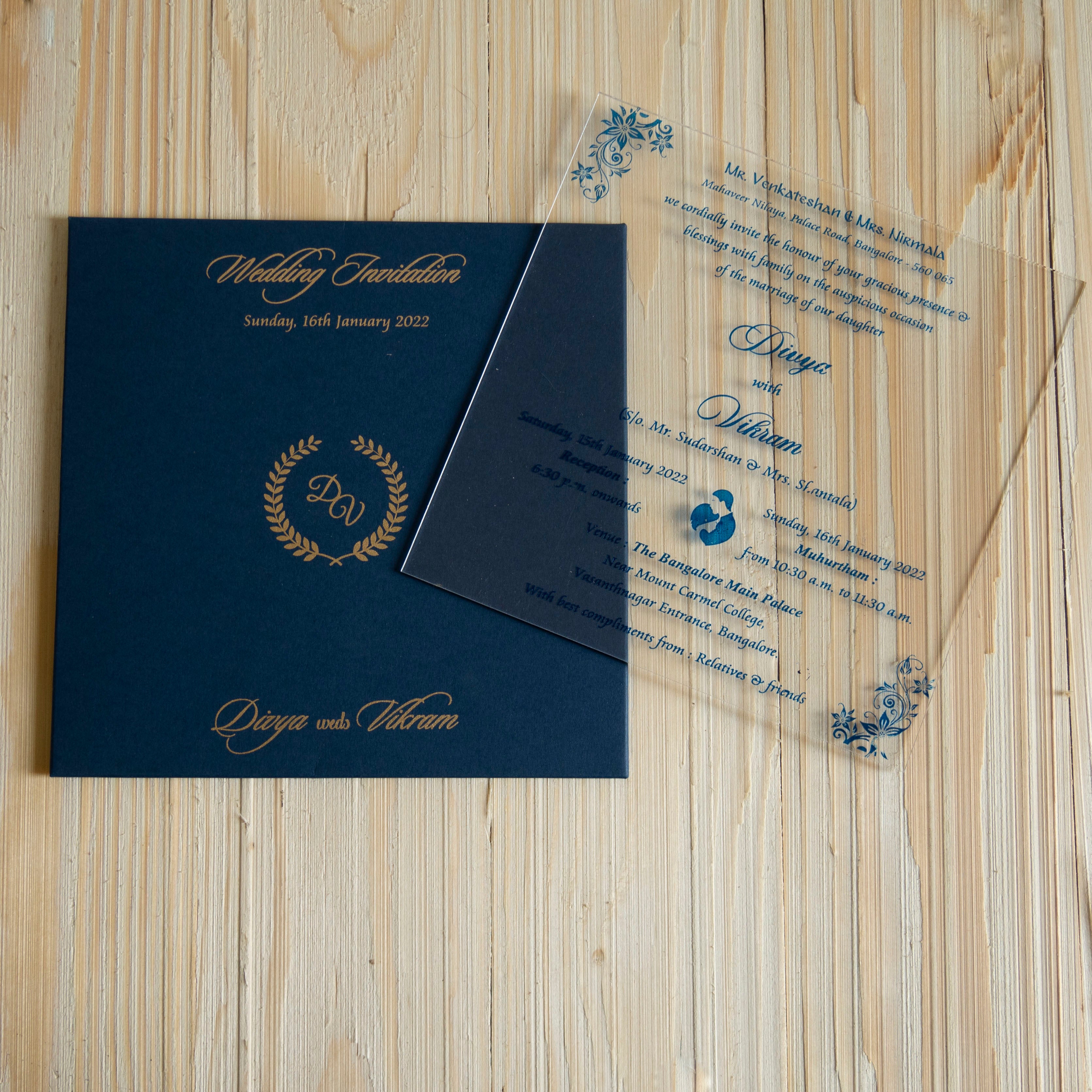 Selling Blue premium envelope with transparent acrylic invitation card online. Buying invitation cards made easy with King of Cards! ? Customer Support ? Home Delivery