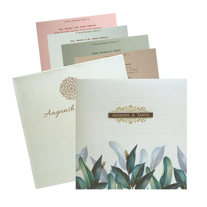 Pearl White Leaves Wedding Card-KRC30601