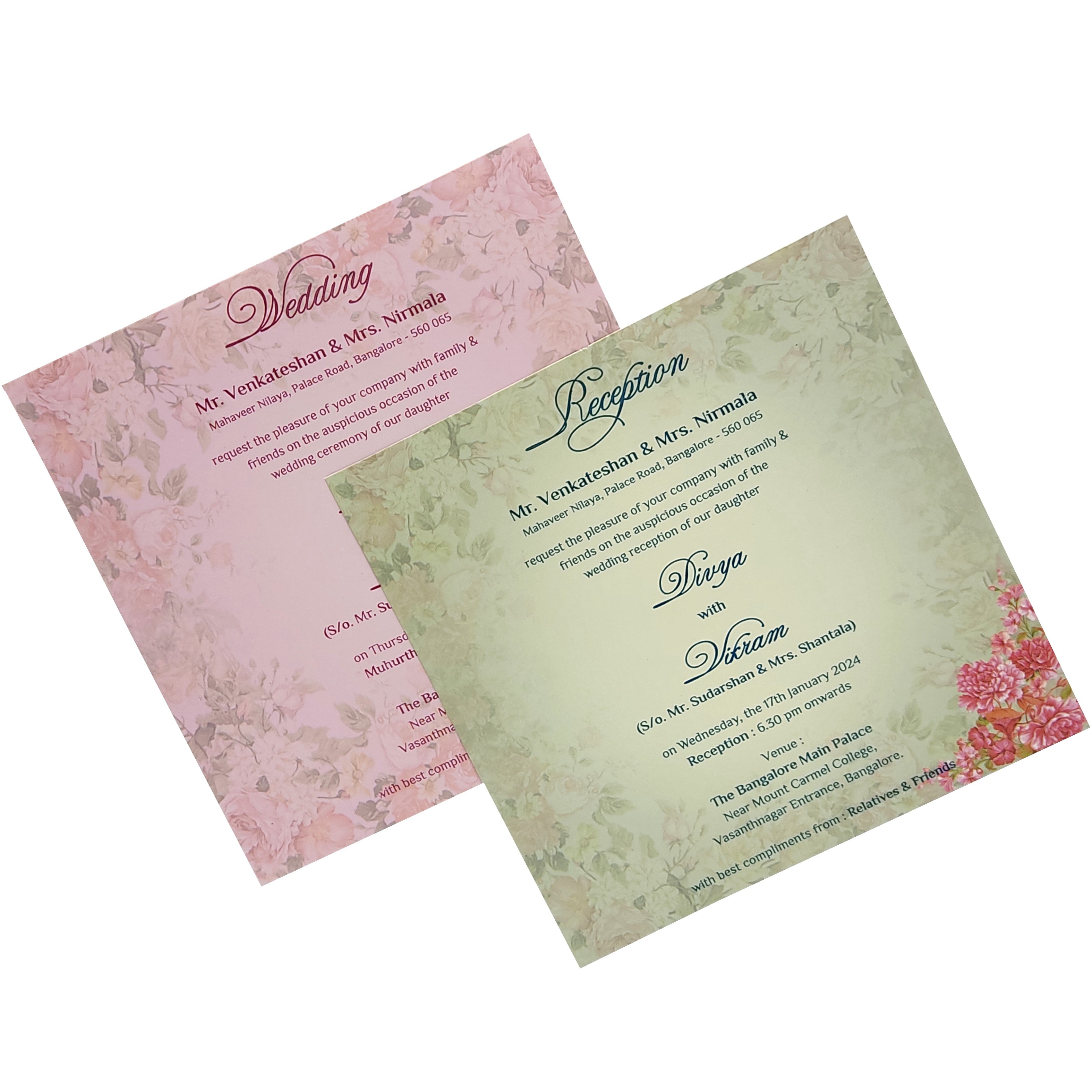 Blue Padded Floral Wedding Card In Offset-KNPO5515B