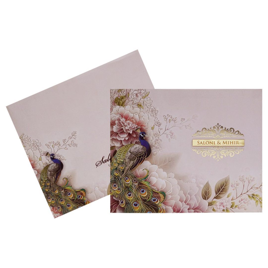 Light Pink Peacock Padded Wedding Card-KPR23480