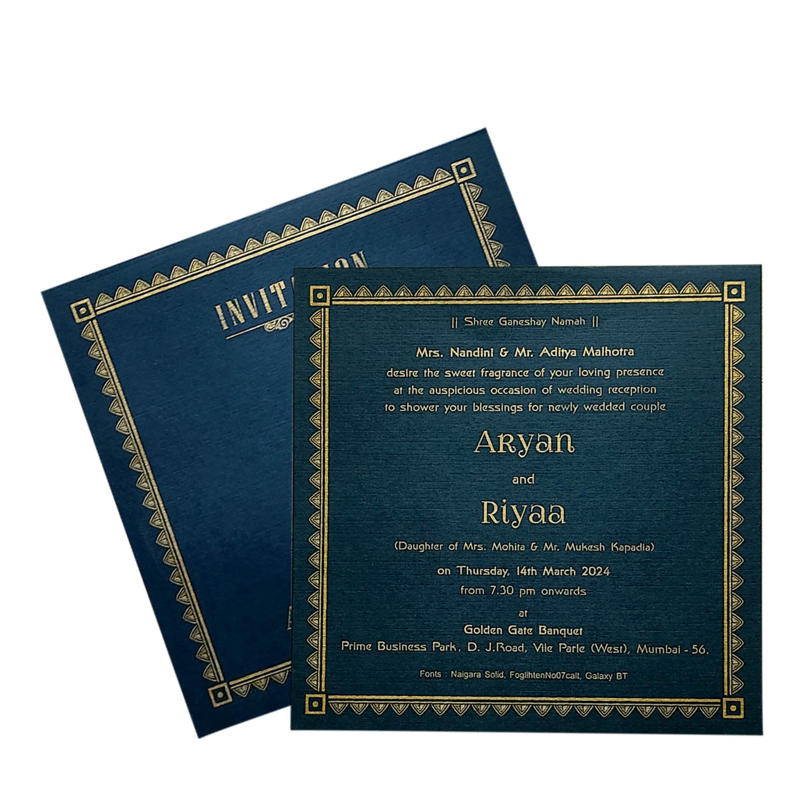 Selling Blue gold single sheet invitation card online. Buying invitation cards made easy with King of Cards! ? Customer Support ? Home Delivery.