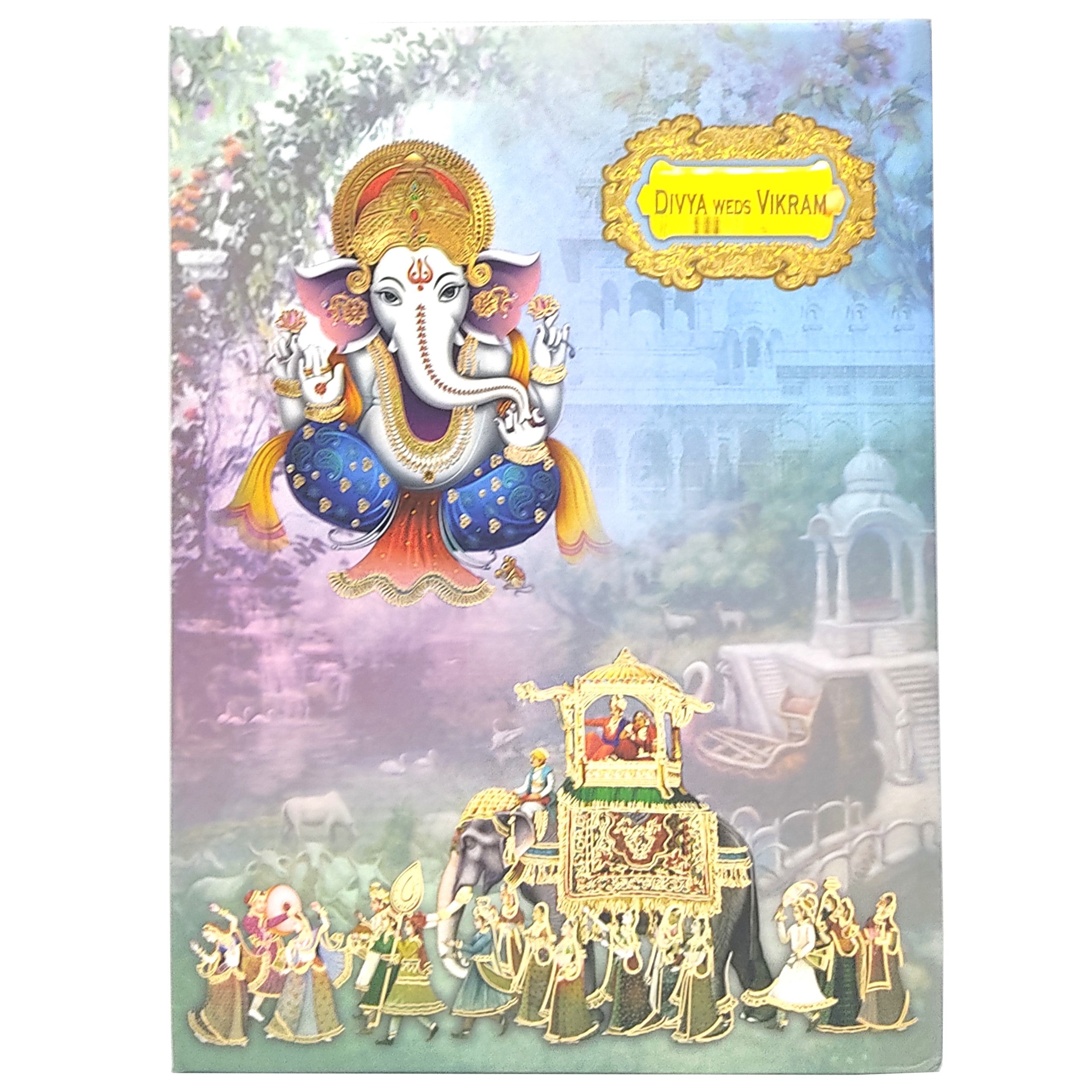 Blue Padded Hindu Wedding Card With Ganesha Image-KNPO9528B