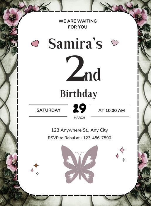 White Butterfly Kids birthday Invitation-AAKBI028