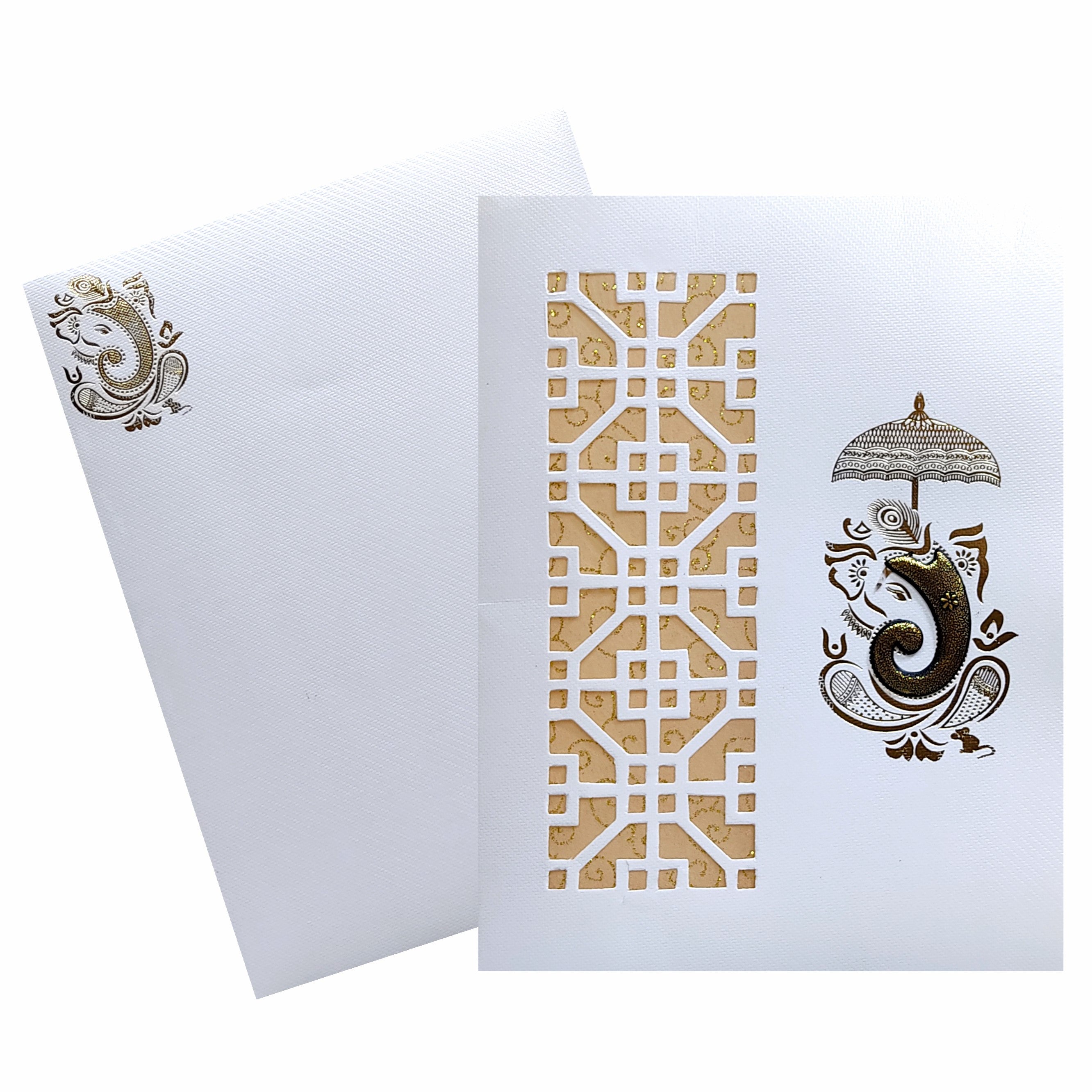 White Laser Cut Ganesha Invitation Card-KNWT5019