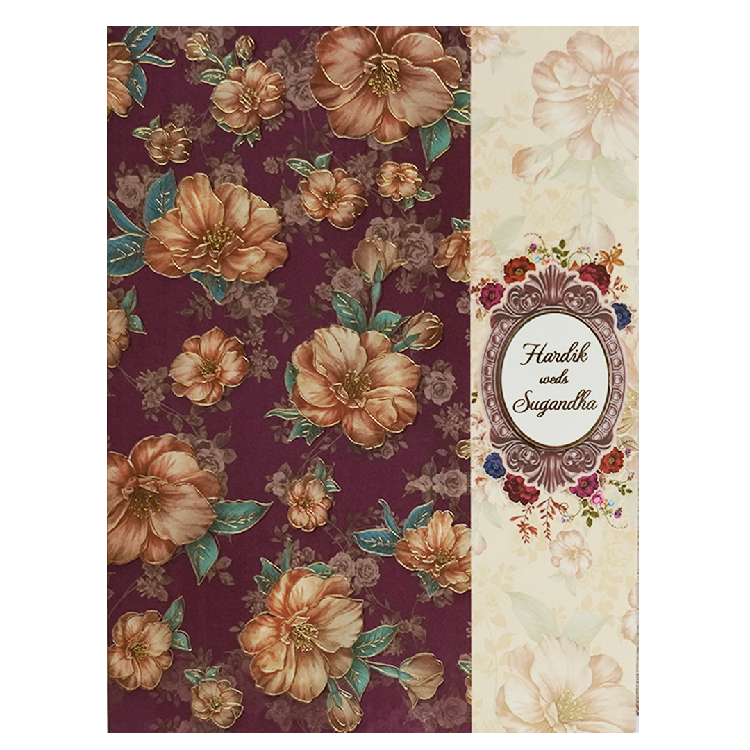 Maroon Cream Floral Door Padded Wedding Card-Kac05670