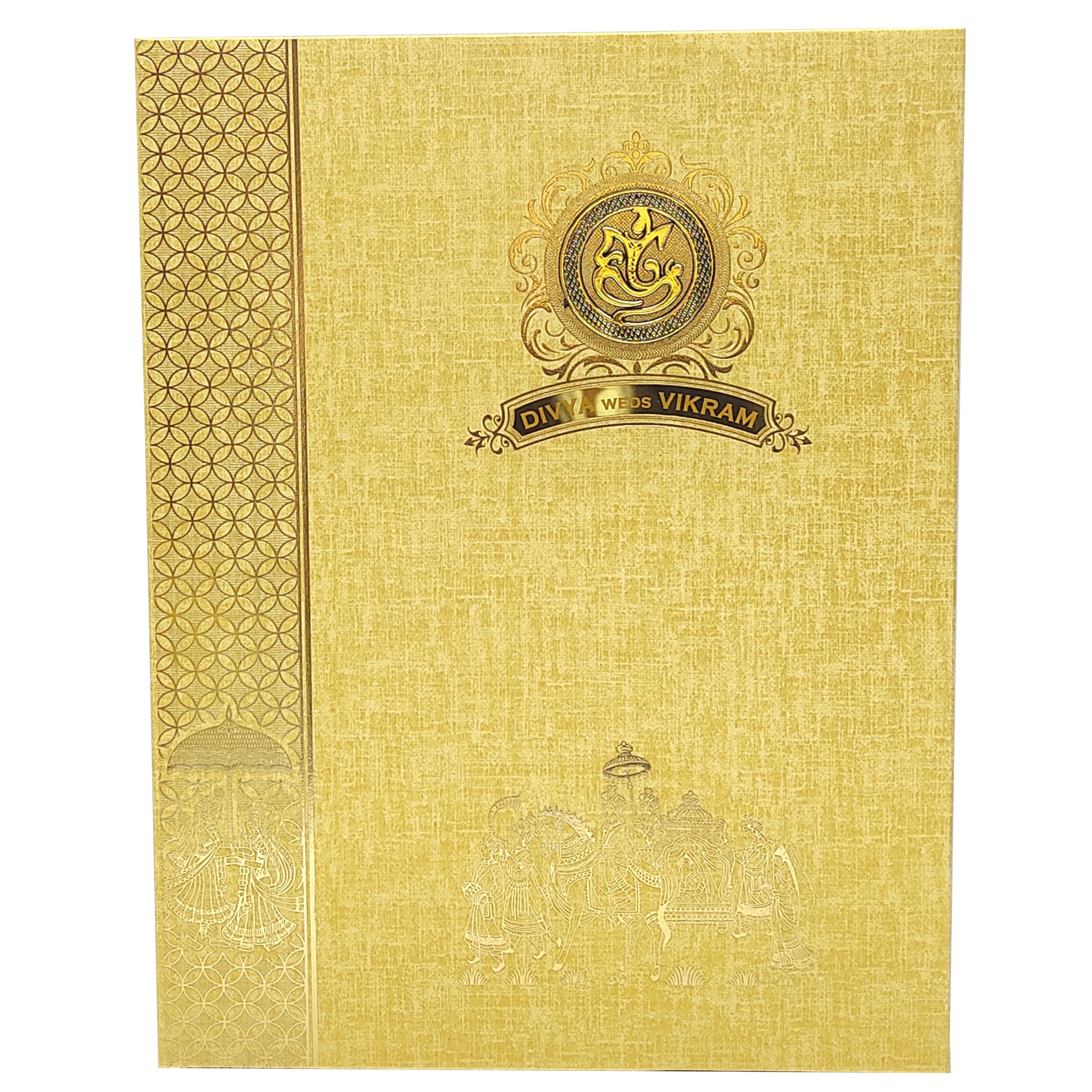 Brown Gold Padded Hindu Wedding Card With Baraat Image-KNPP8509N