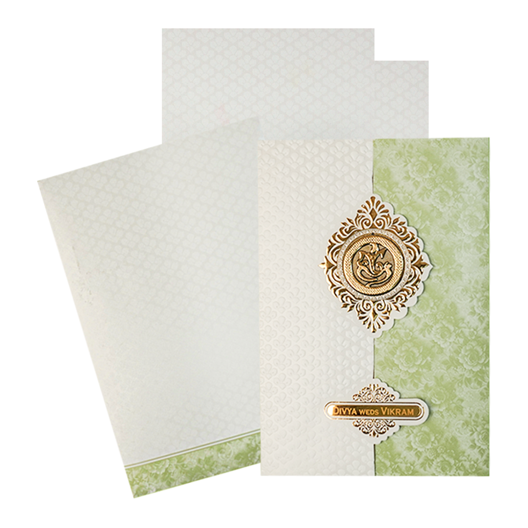 White and Green Ganesha Floral Wedding Card-KNAI2201