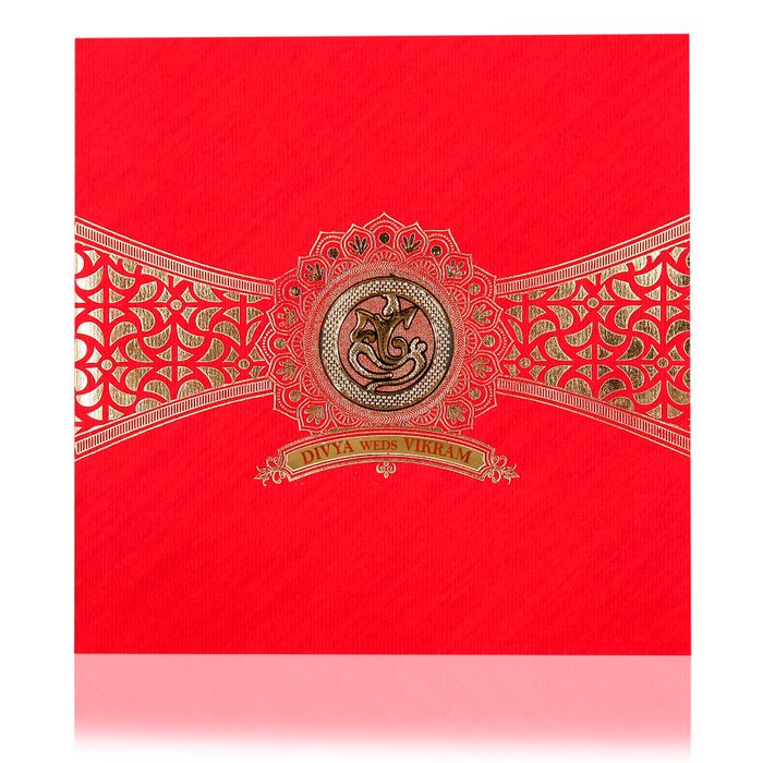 Red Wedding Invitation Card With Name Plate And Ganesha Sticker-KNBP902R-King of Cards