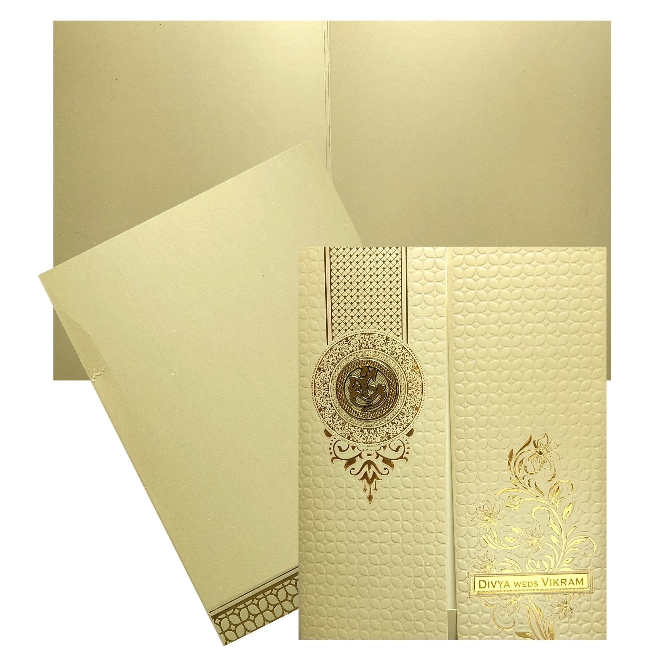 Selling Gold embossed nameplate invitation card online. Buying invitation cards made easy with King of Cards! ? Customer Support ? Home Delivery.