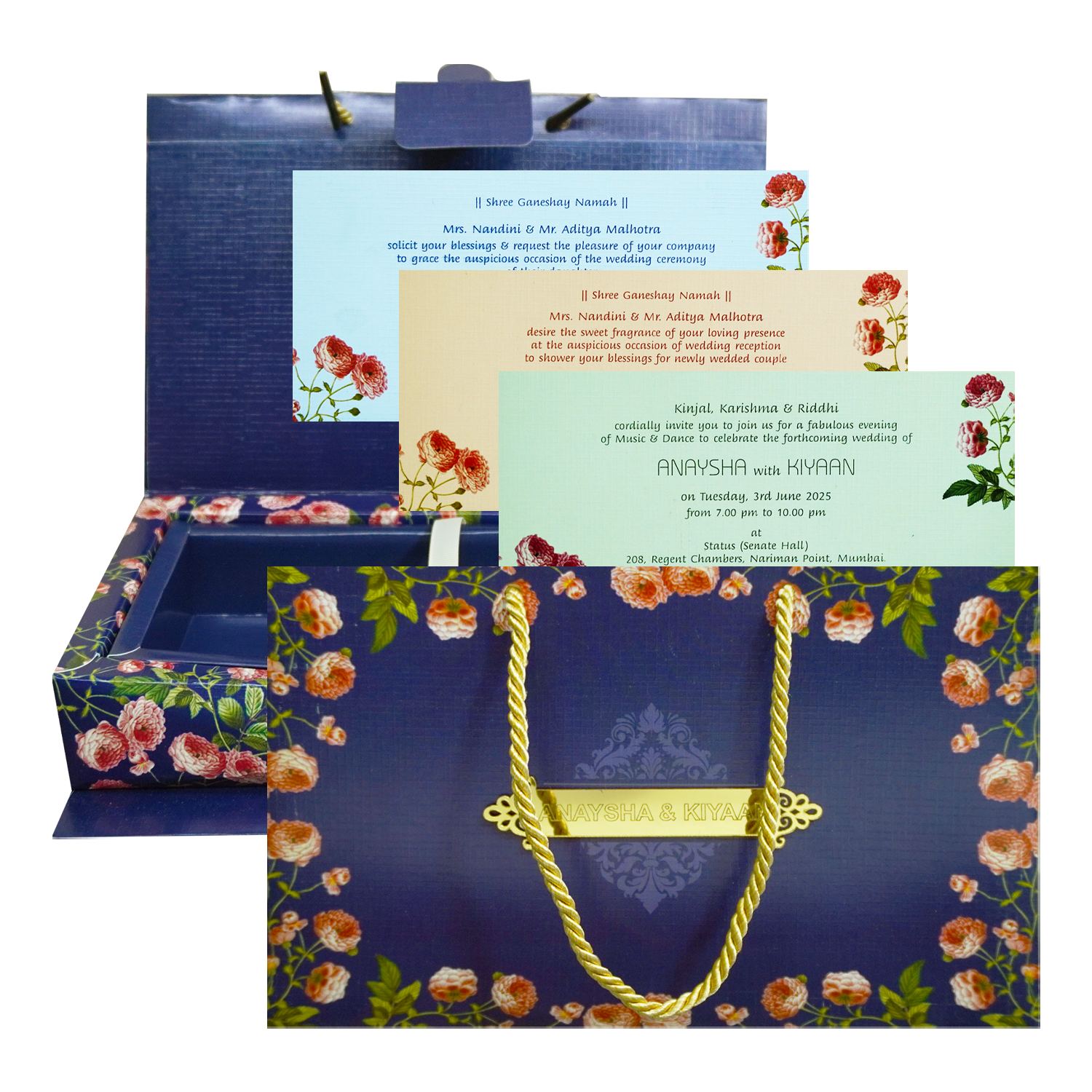Navy Blue Floral Wedding Box-KRC30010