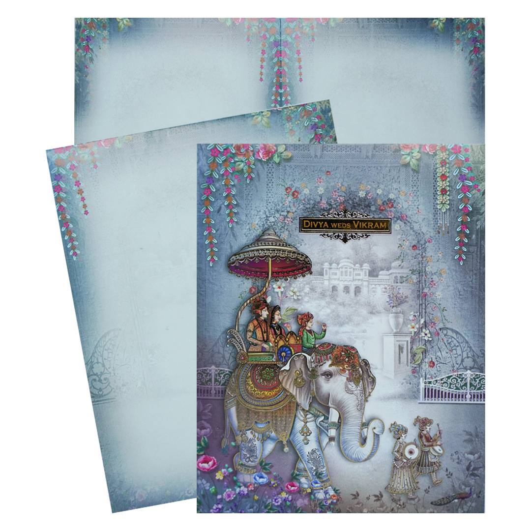 Blue Royal Elephant Baraat Wedding Card-KNKJ1153