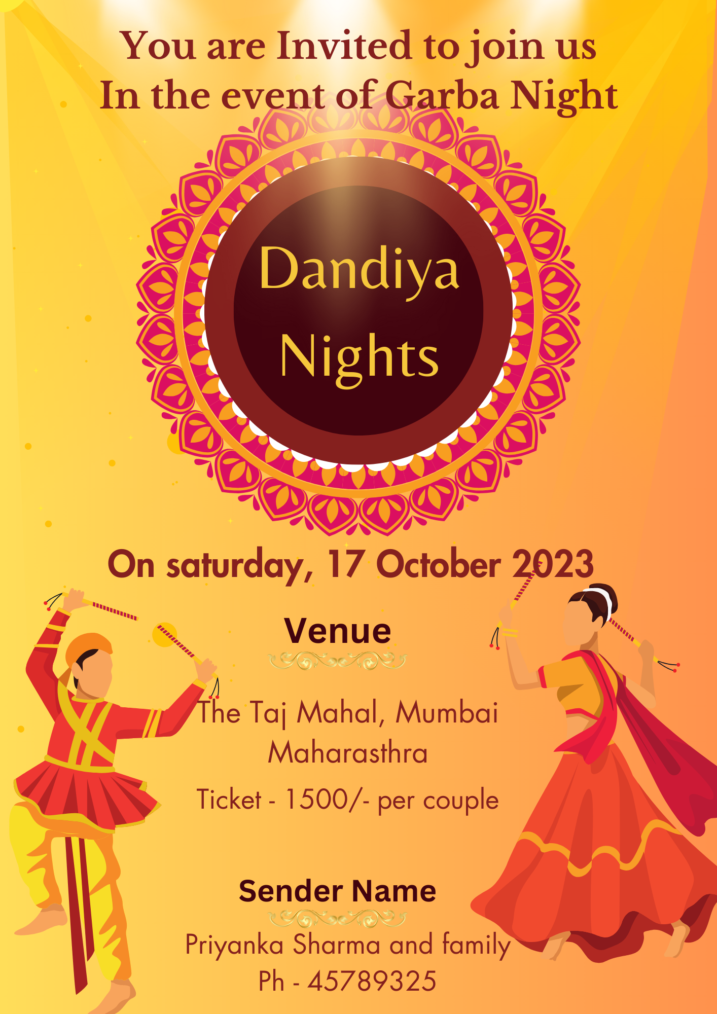 Yellow Vibrant Dandiya Night Invitation-King of Cards