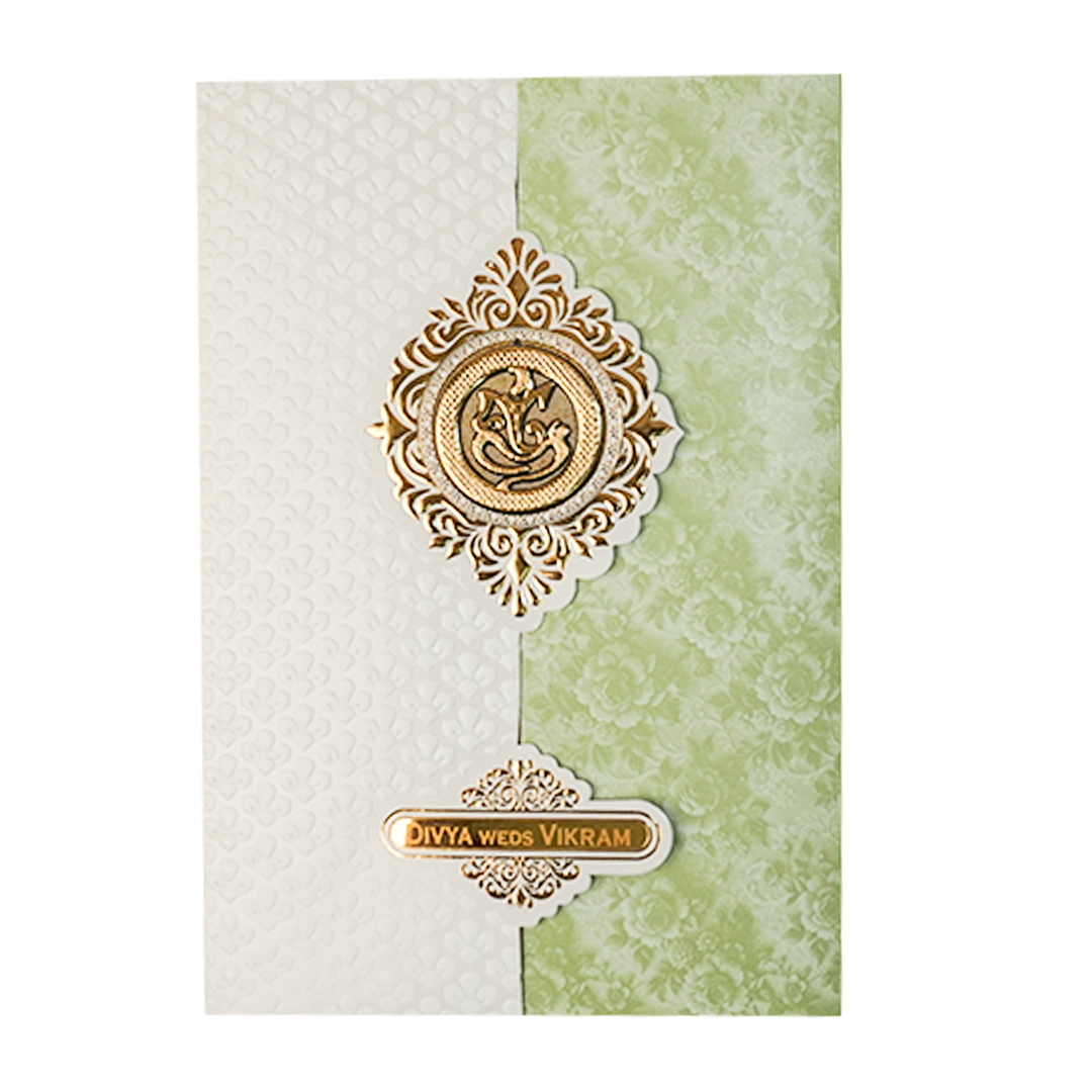 White and Green Ganesha Floral Wedding Card-KNAI2201
