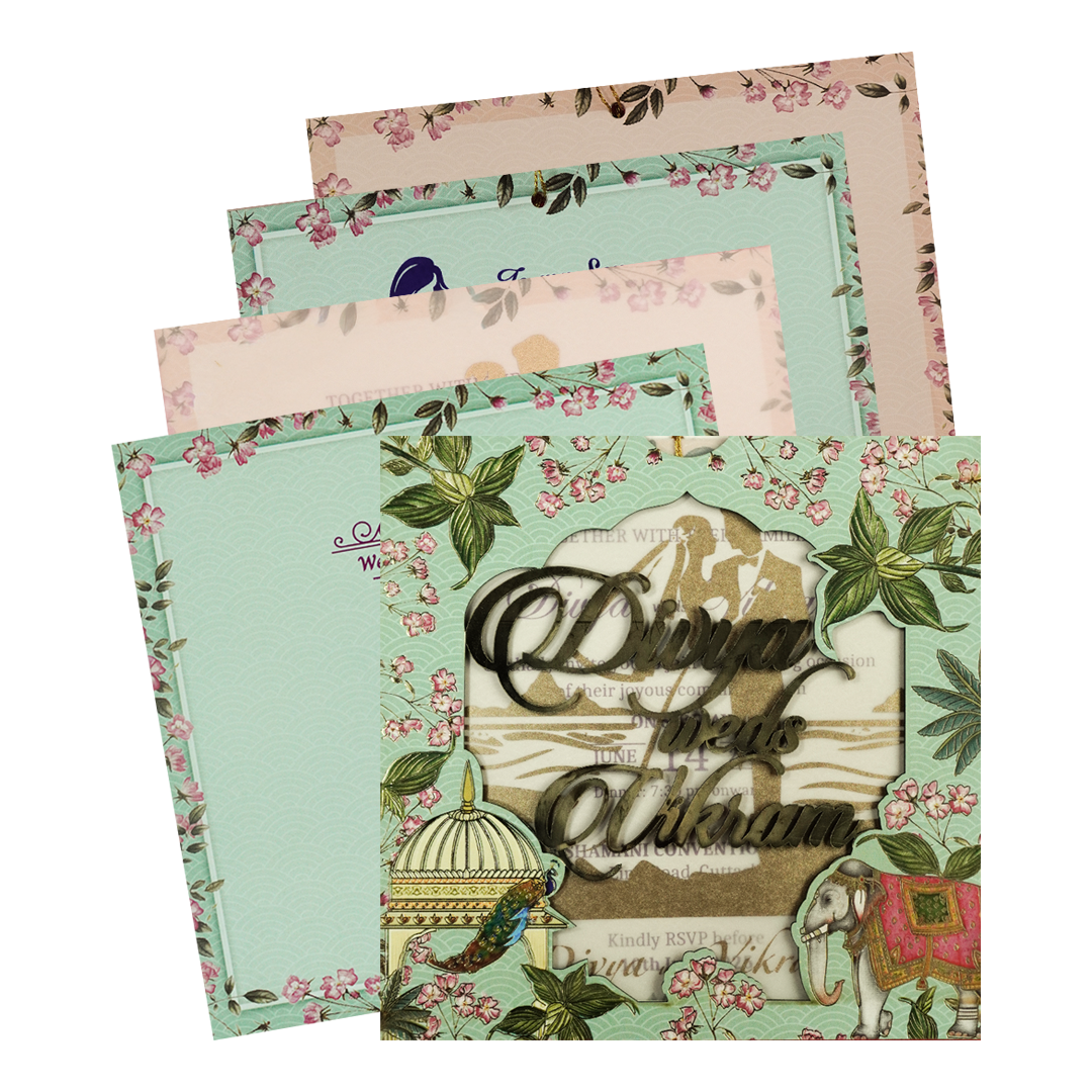Check out Green Elephant Peacock Laser-Cut Wedding Card at best price. ?WhatsApp Support ?Express Delivery. | King of Cards