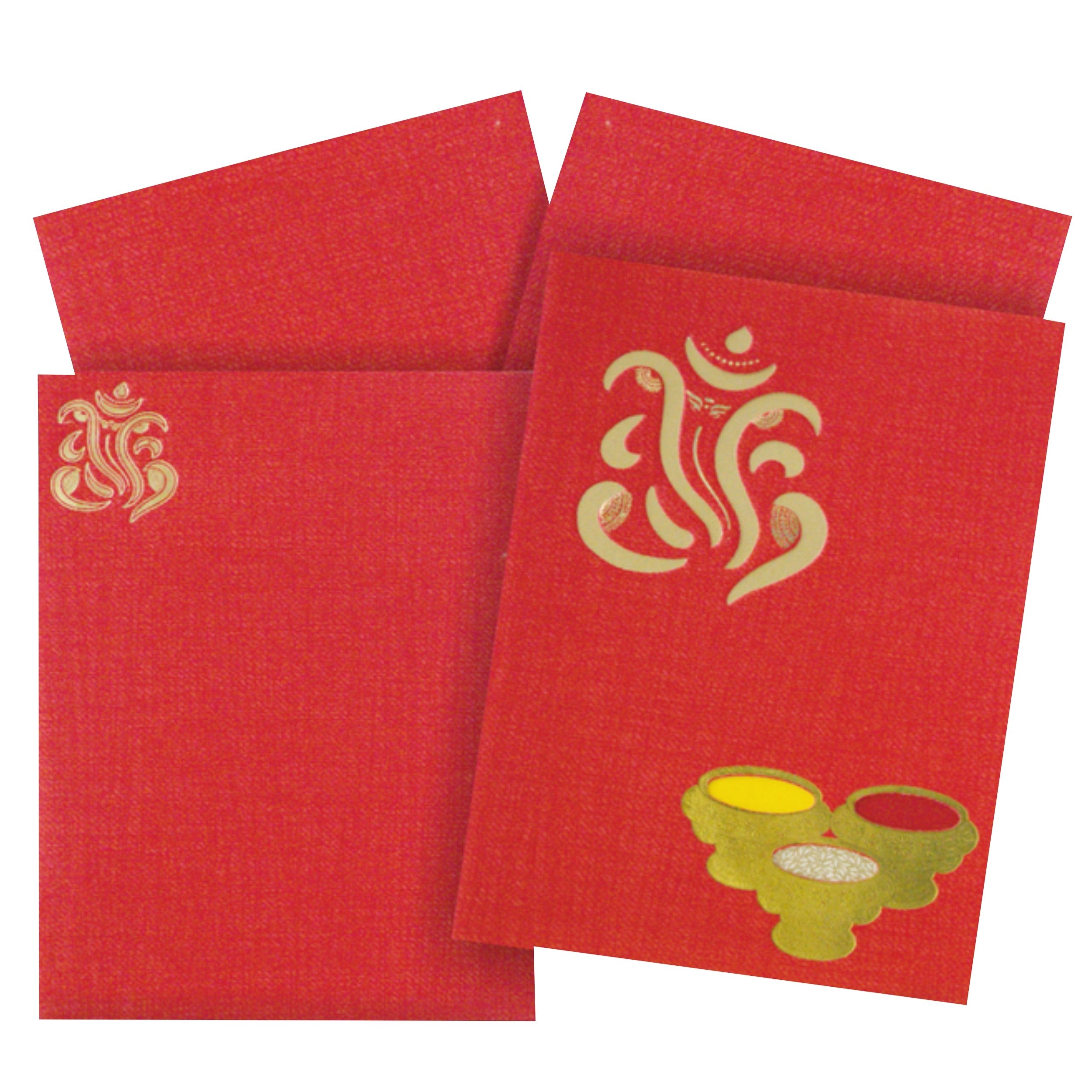 This wedding card is a designer card with metallic wrap up. This wedding card has Ganesha(Laser Cut) with gold shading all around it. In addition, this card has arishina and kukuma design at the bottom corner.As a standard offering, this card has a cover and a long single insert. This card has a traditional opening. Make your wedding adorable with this card. Additional information about the card is shown on the right side.