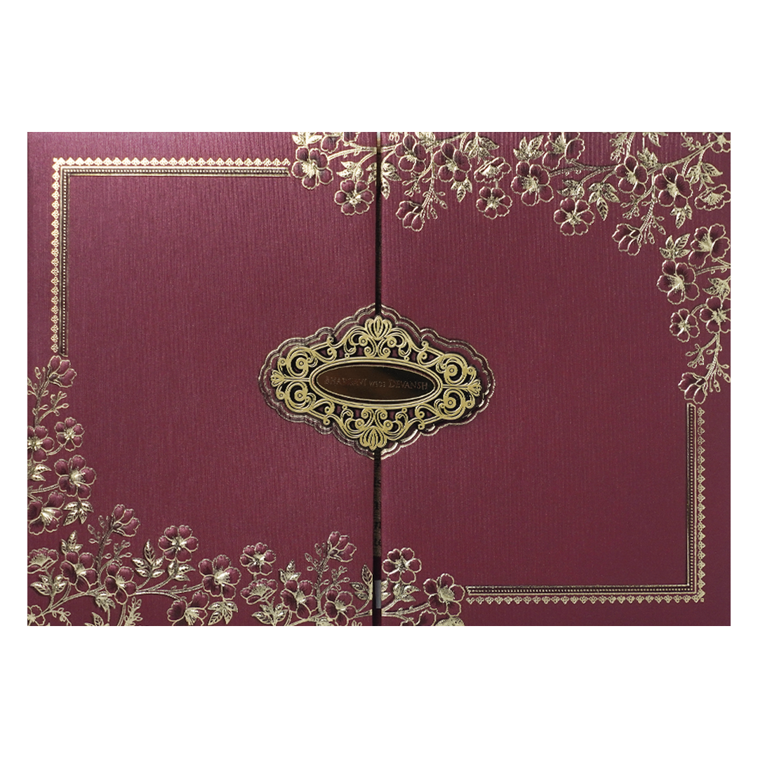 Maroon Gold Floral Padded Wedding Card-KSSC2140