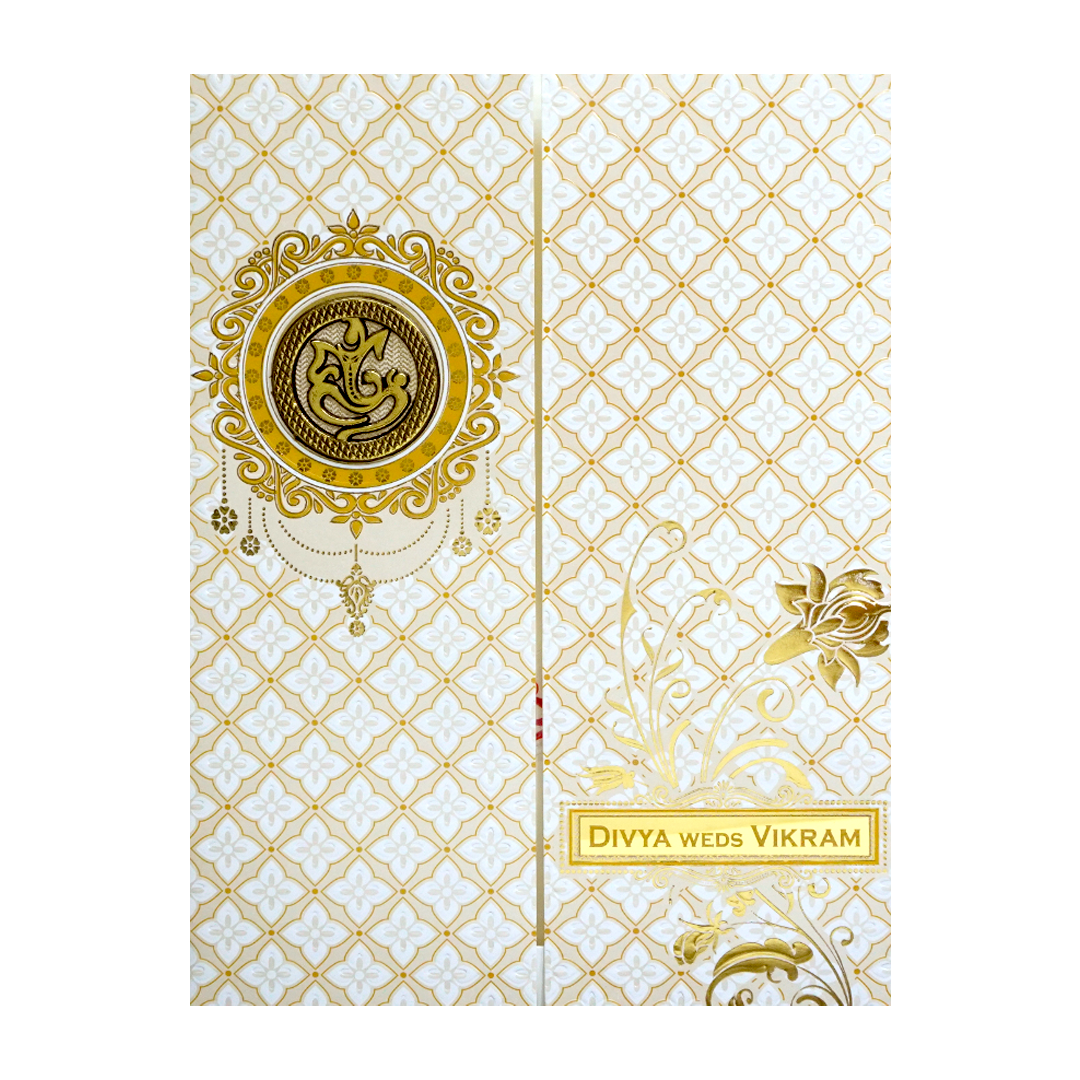 White Gold Floral Nameplate Invitation Card-KNK7064W