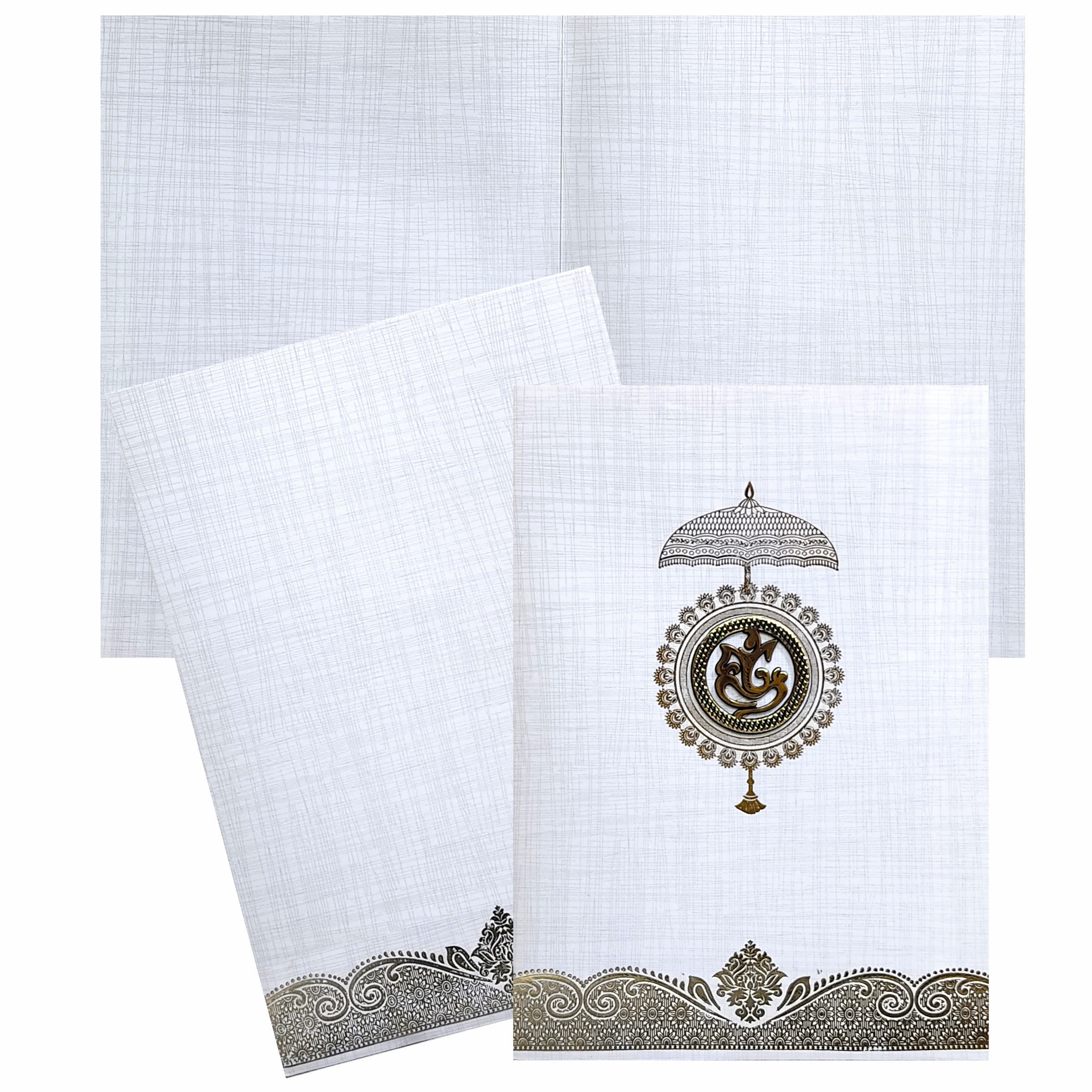 Selling Grey metalic envelope with umbrella print and ganesha sticker invitation card online. Buying invitation cards made easy with King of Cards! &
